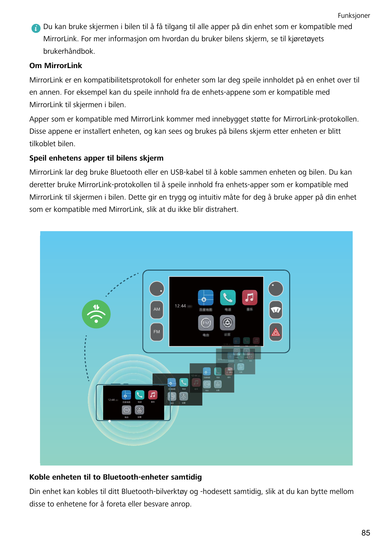FunksjonerDu kan bruke skjermen i bilen til å få tilgang til alle apper på din enhet som er kompatible medMirrorLink. For mer in