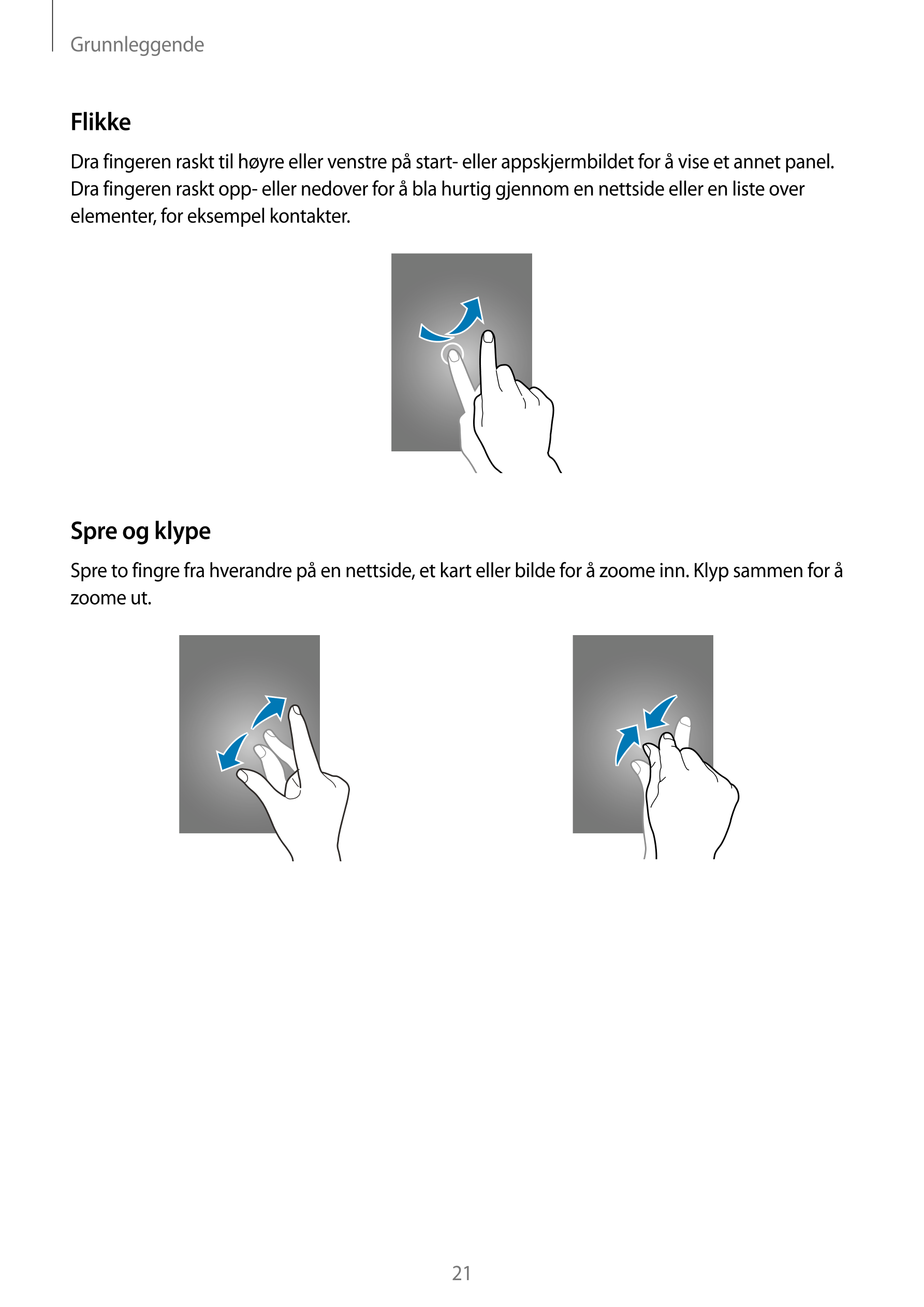 Grunnleggende
Flikke
Dra fingeren raskt til høyre eller venstre på start- eller appskjermbildet for å vise et annet panel. 
Dra 