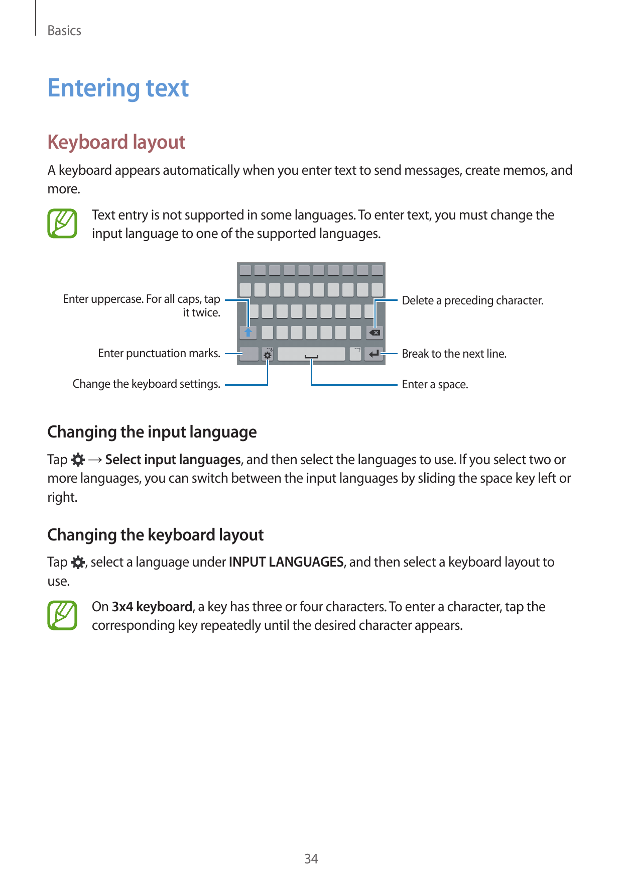 BasicsEntering textKeyboard layoutA keyboard appears automatically when you enter text to send messages, create memos, andmore.T
