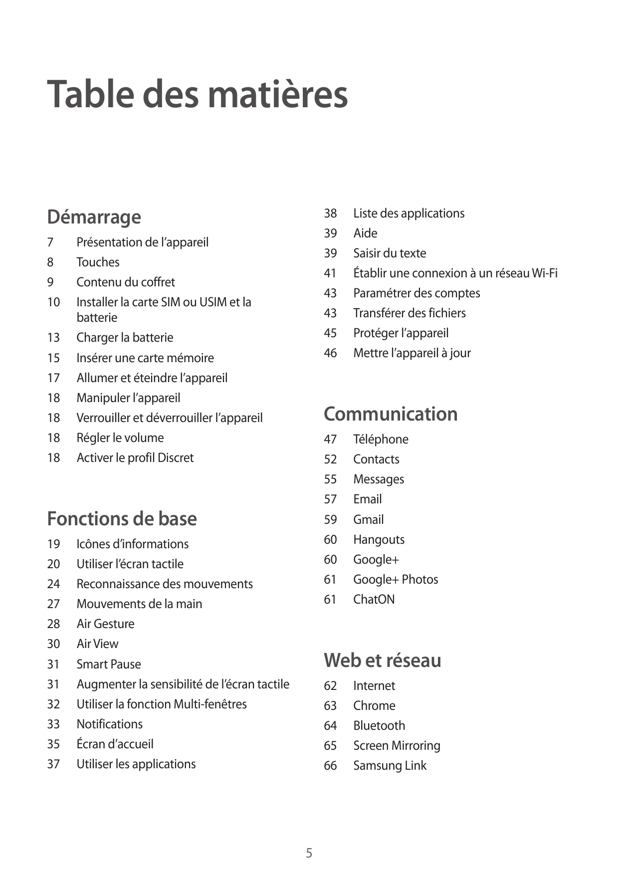 Table des matièresDémarrage38 Liste des applications39Aide39 Saisir du texte41 Établir une connexion à un réseau Wi-Fi43 Paramét