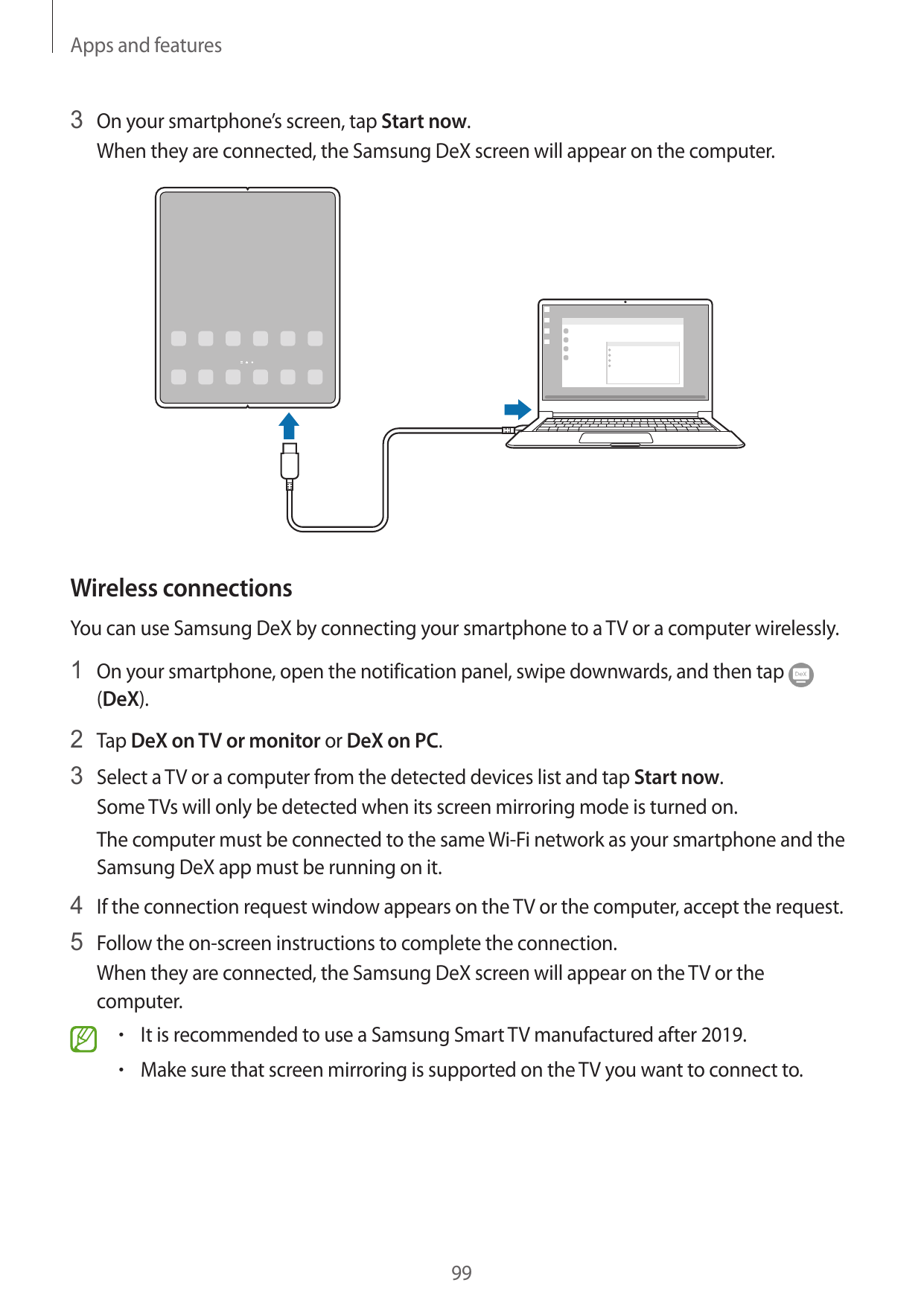 Apps and features3 On your smartphone’s screen, tap Start now.When they are connected, the Samsung DeX screen will appear on the