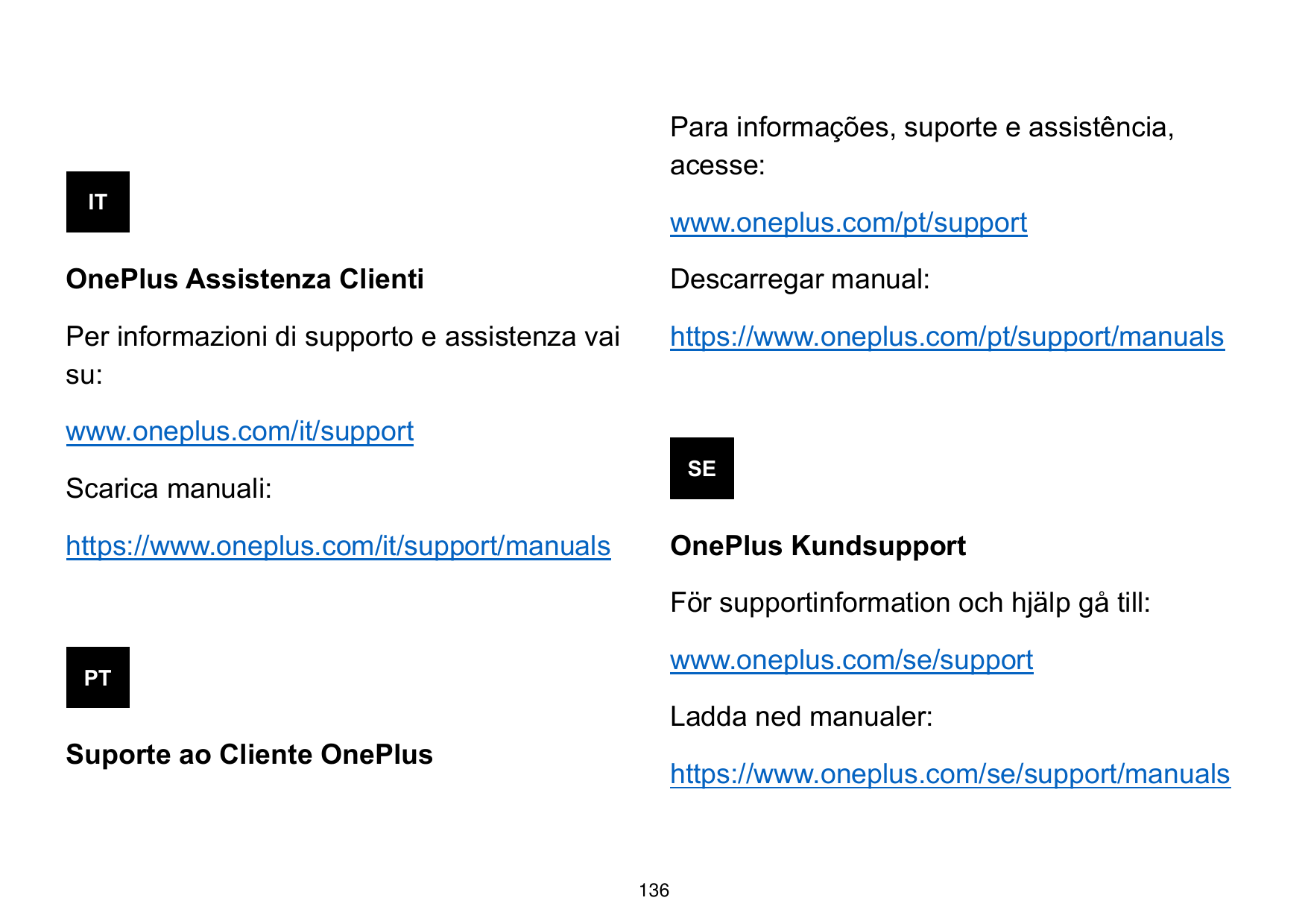 Para informações, suporte e assistência,acesse:ITwww.oneplus.com/pt/supportOnePlus Assistenza ClientiDescarregar manual:Per inf