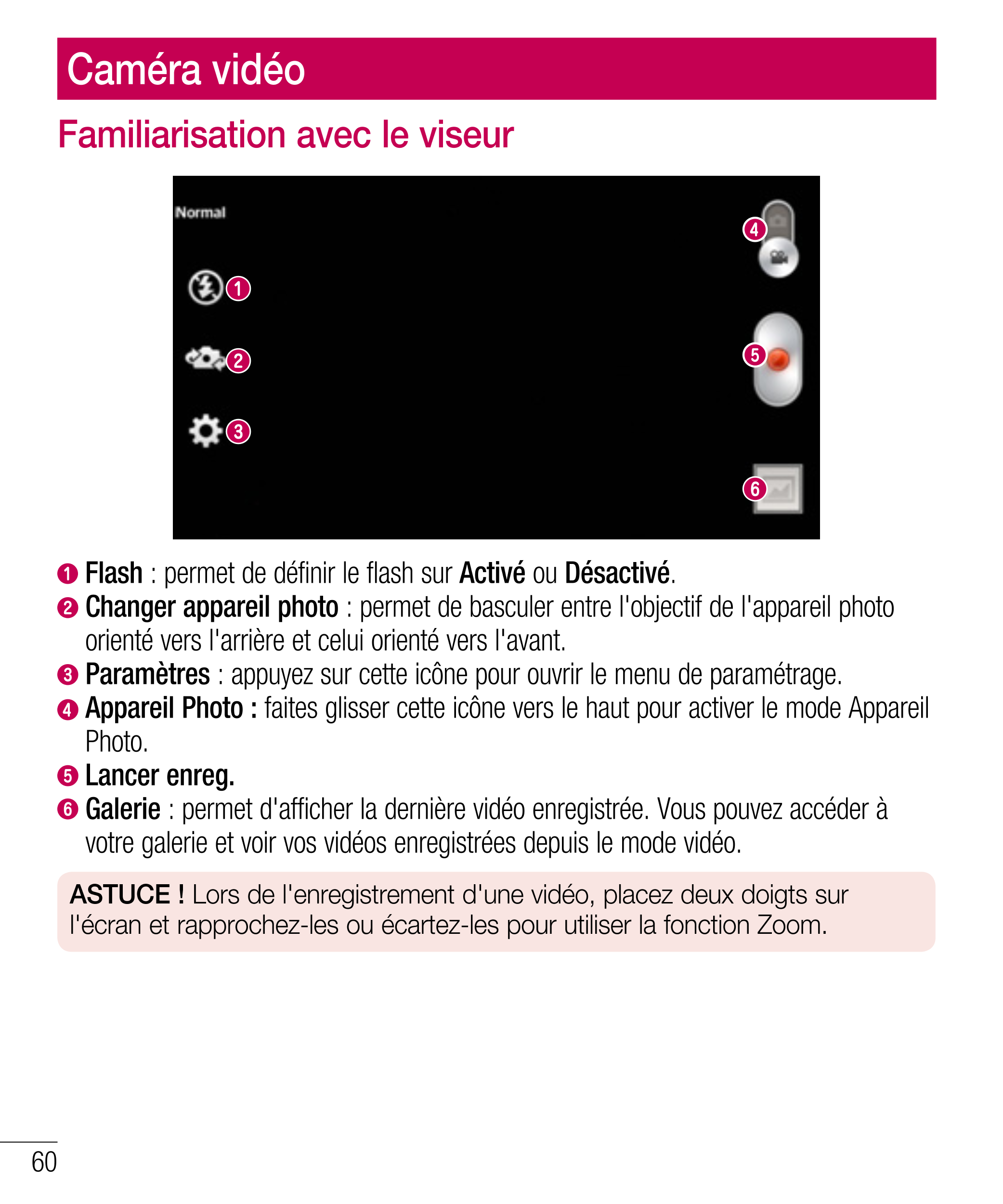 Caméra vidéo
Familiarisation avec le viseur  
  Flash : permet de définir le flash sur  Activé ou  Désactivé. 
Changer appareil 