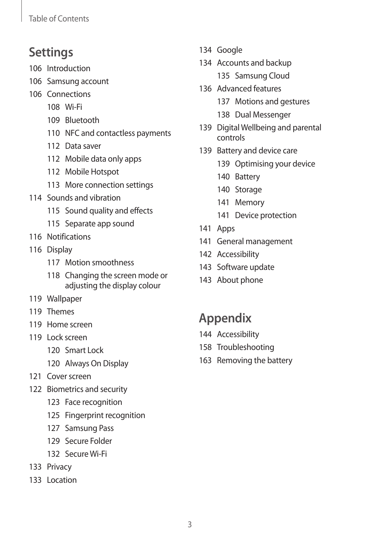 Table of ContentsSettings134Google134 Accounts and backup135 Samsung Cloud136 Advanced features137 Motions and gestures138 Dual 