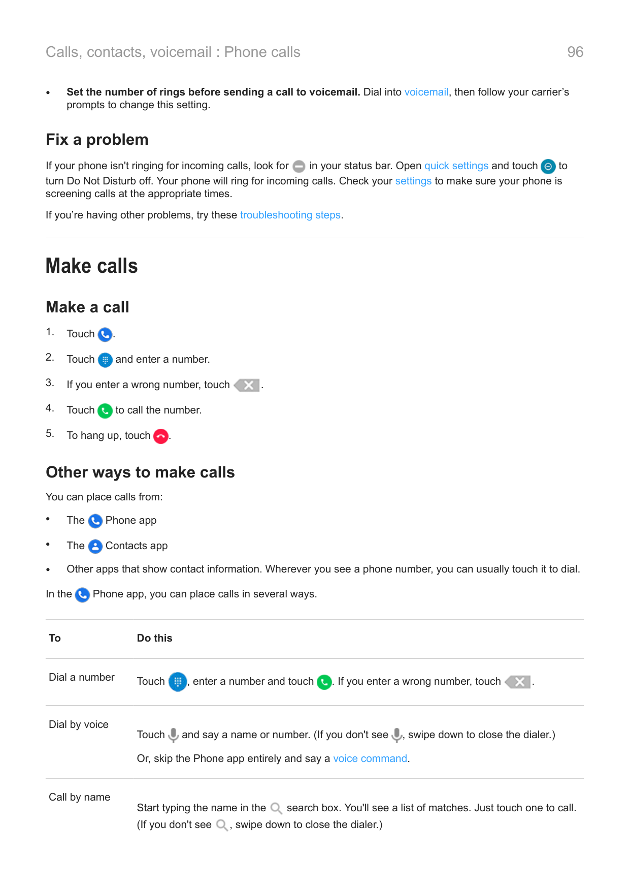 Calls, contacts, voicemail : Phone calls•96Set the number of rings before sending a call to voicemail. Dial into voicemail, then
