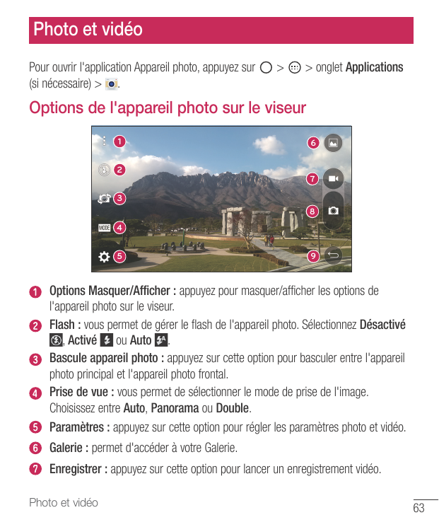 Photo et vidéoPour ouvrir l'application Appareil photo, appuyez sur(si nécessaire) > .>> onglet ApplicationsOptions de l'apparei