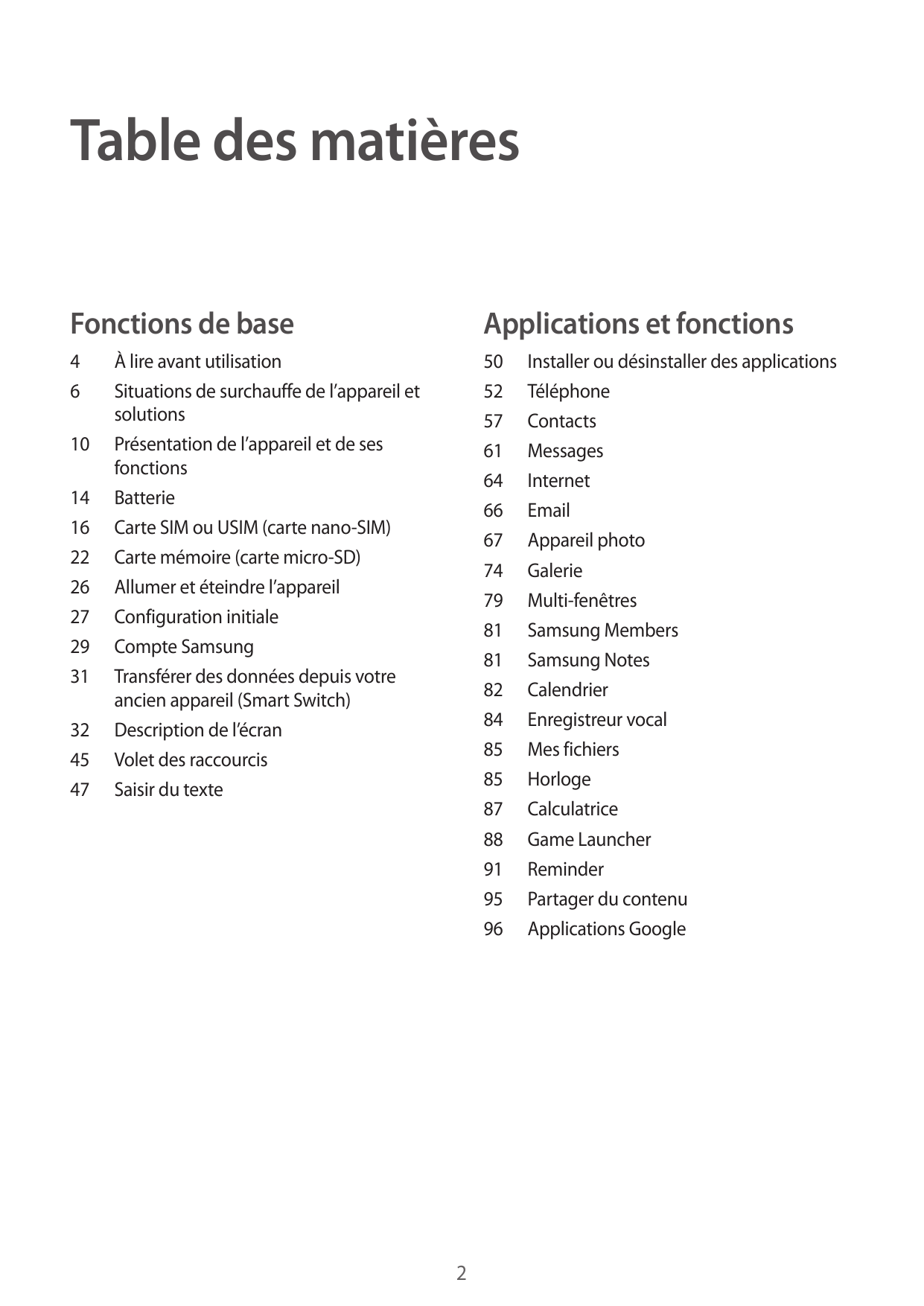 Table des matièresFonctions de baseApplications et fonctions4650 Installer ou désinstaller des applications52Téléphone57Contacts