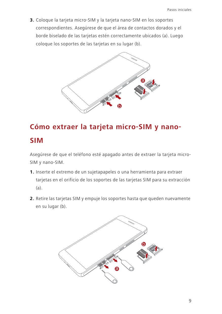 Pasos iniciales3. Coloque la tarjeta micro-SIM y la tarjeta nano-SIM en los soportescorrespondientes. Asegúrese de que el área d