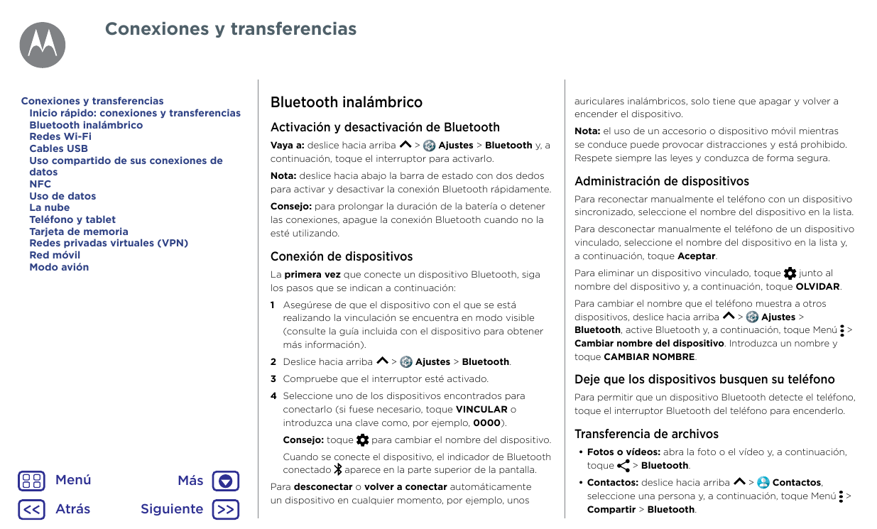 Conexiones y transferenciasConexiones y transferenciasInicio rápido: conexiones y transferenciasBluetooth inalámbricoRedes Wi-Fi