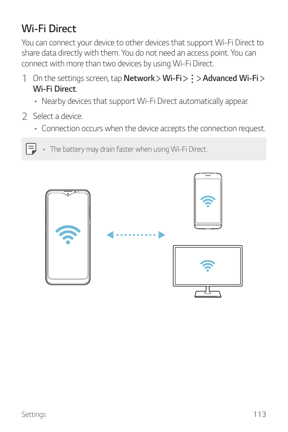 Wi-Fi DirectYou can connect your device to other devices that support Wi-Fi Direct toshare data directly with them. You do not n