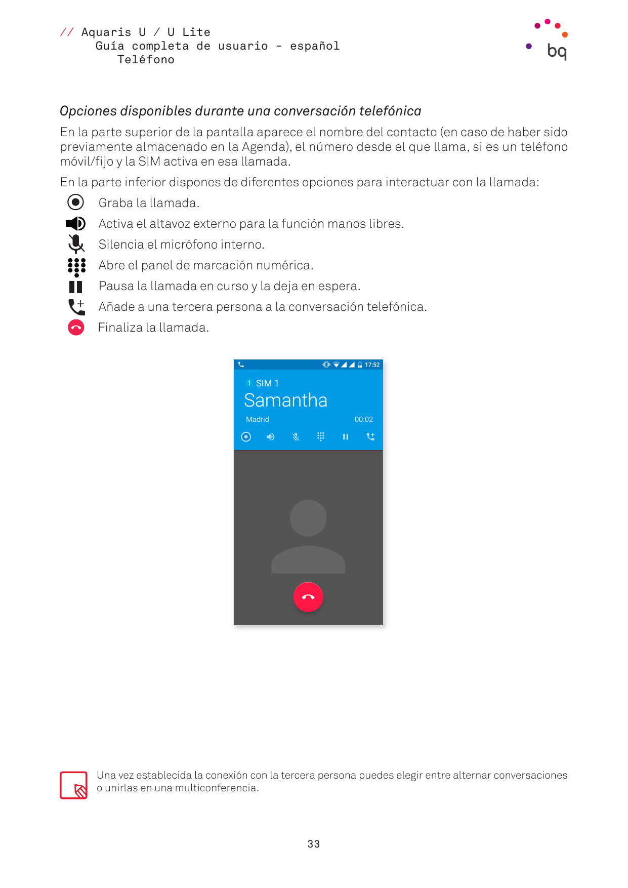 // Aquaris U / U LiteGuía completa de usuario - españolTeléfonoOpciones disponibles durante una conversación telefónicaEn la par