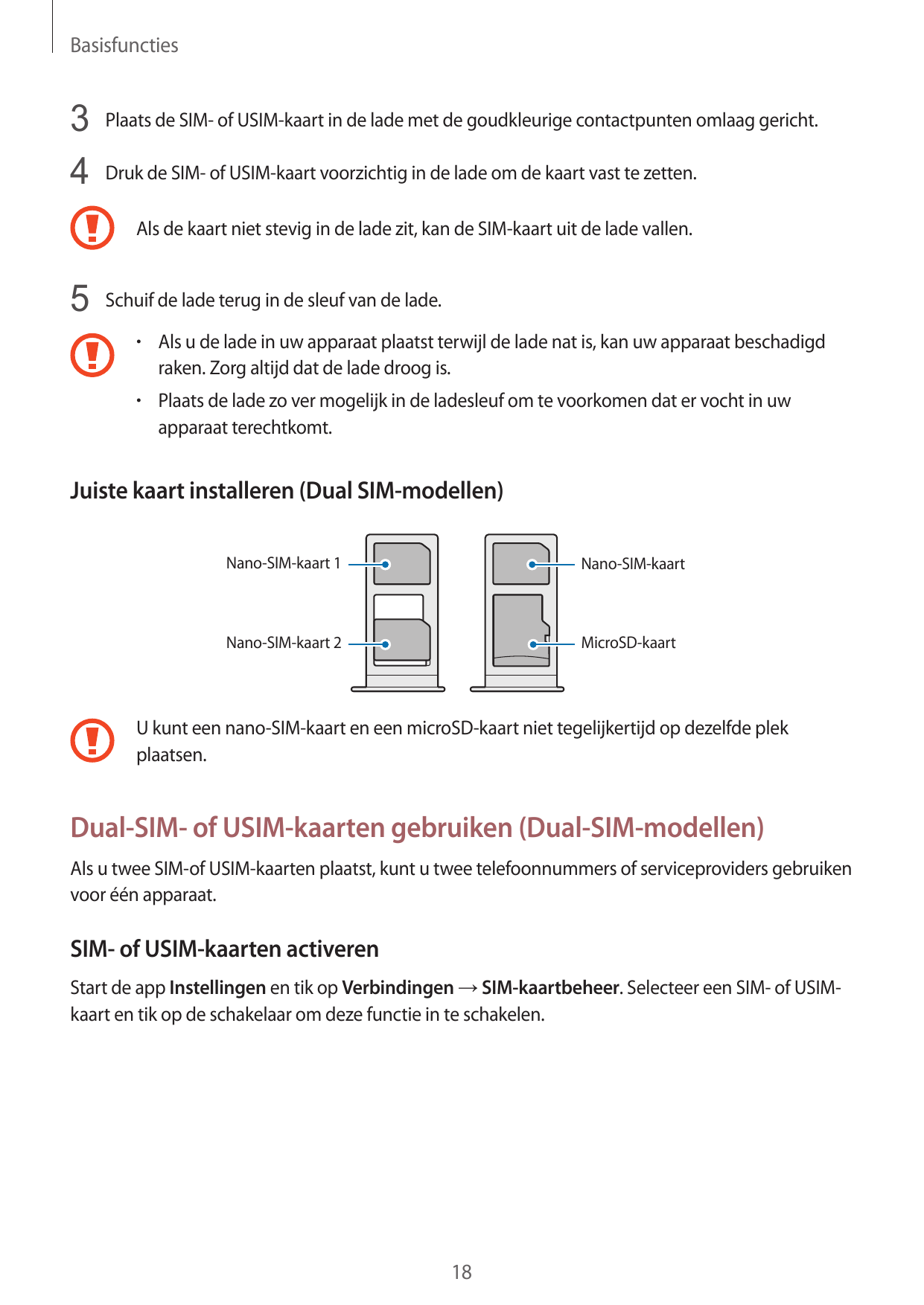 Basisfuncties3 Plaats de SIM- of USIM-kaart in de lade met de goudkleurige contactpunten omlaag gericht.4 Druk de SIM- of USIM-k