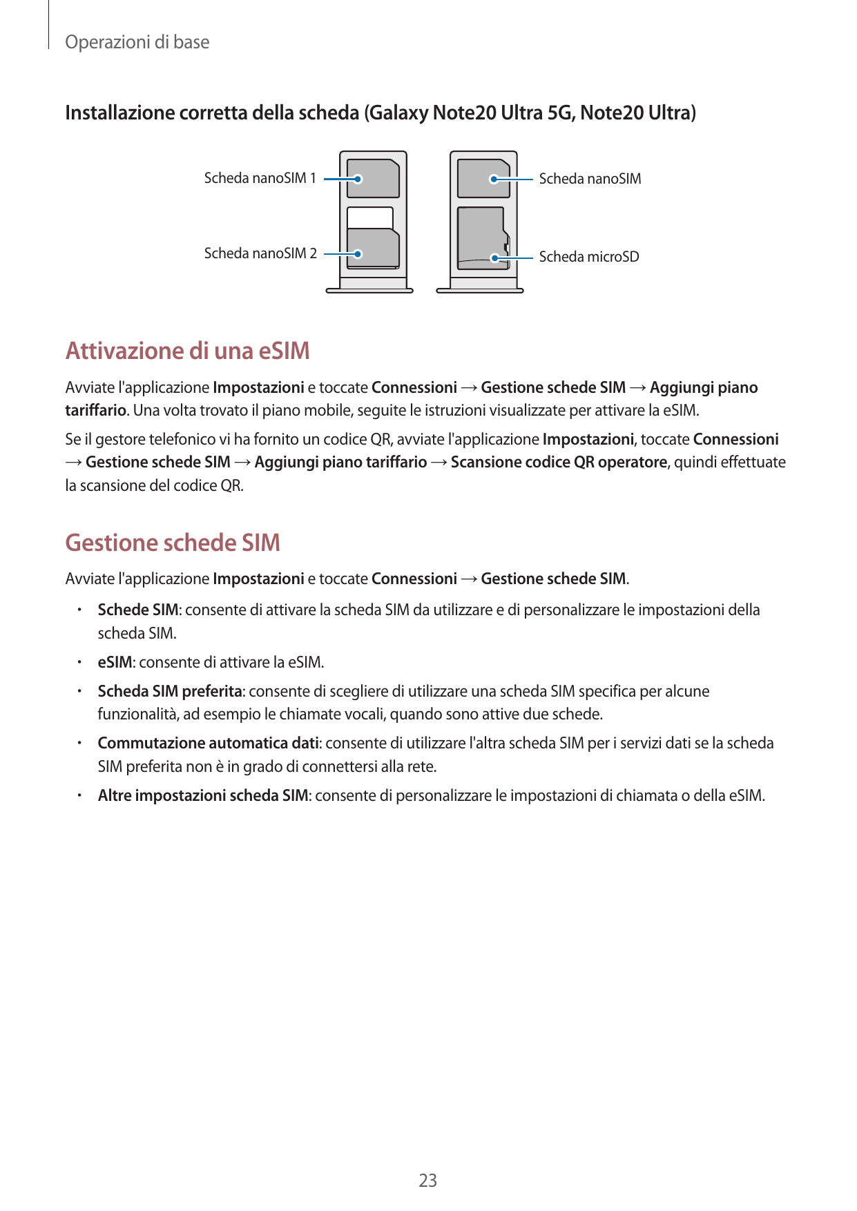 Operazioni di baseInstallazione corretta della scheda (Galaxy Note20 Ultra 5G, Note20 Ultra)Scheda nanoSIM 1Scheda nanoSIMScheda