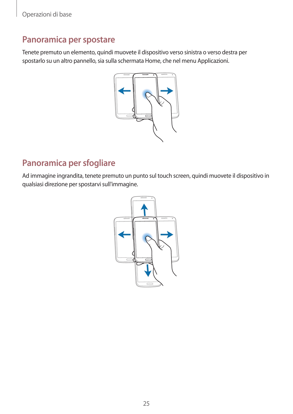 Operazioni di basePanoramica per spostareTenete premuto un elemento, quindi muovete il dispositivo verso sinistra o verso destra
