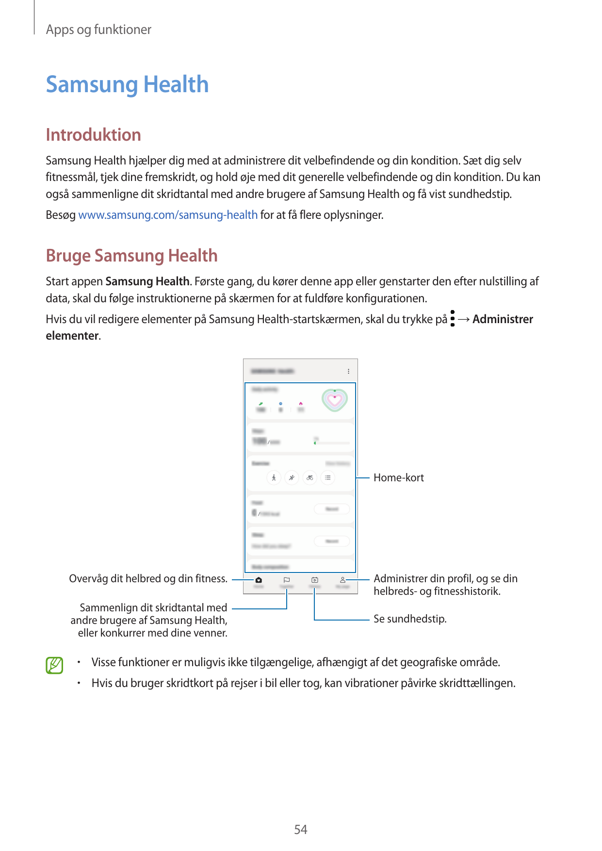 Apps og funktionerSamsung HealthIntroduktionSamsung Health hjælper dig med at administrere dit velbefindende og din kondition. S