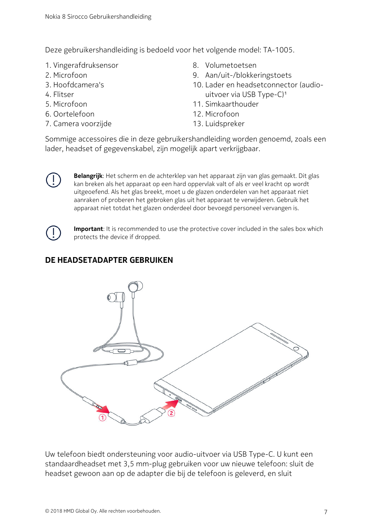 Nokia 8 Sirocco GebruikershandleidingDeze gebruikershandleiding is bedoeld voor het volgende model: TA-1005.1. Vingerafdruksenso
