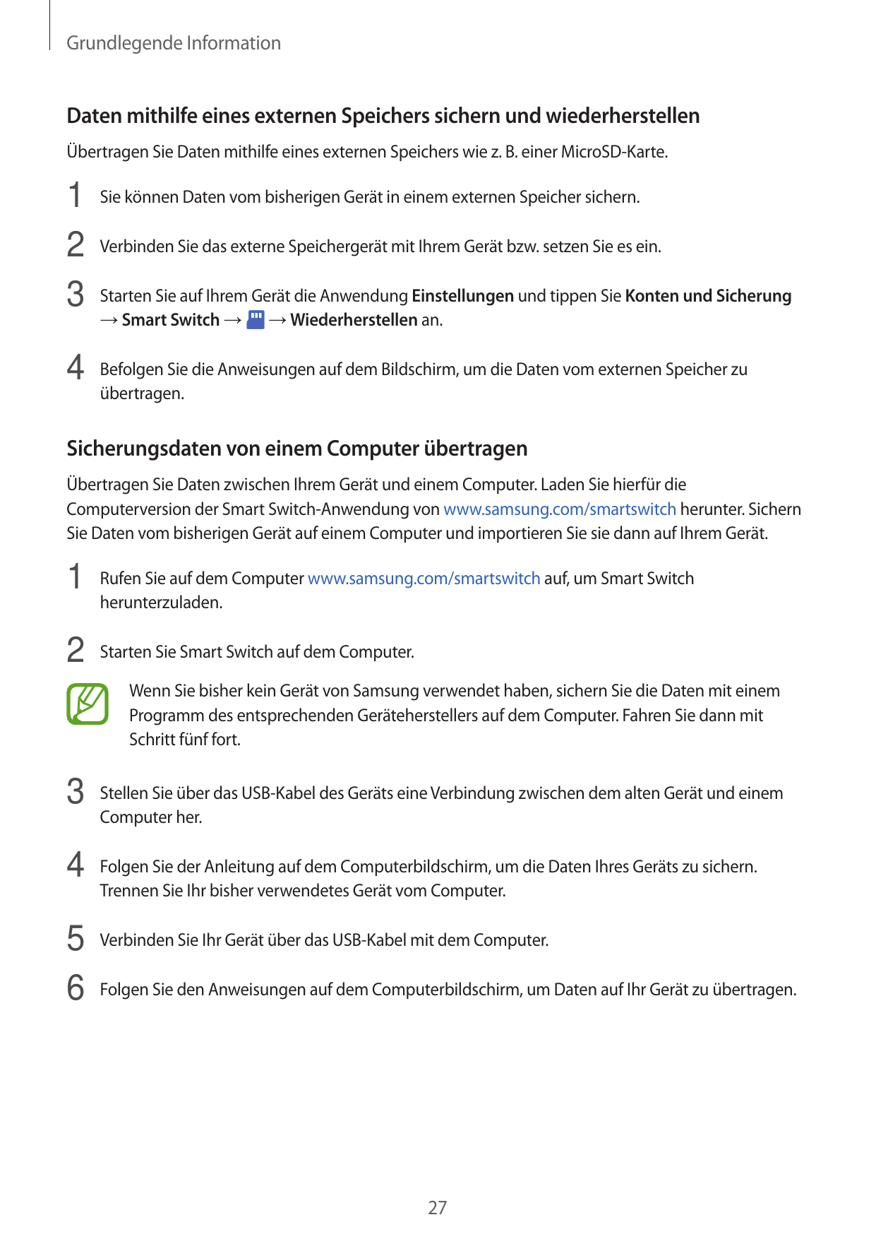 Grundlegende InformationDaten mithilfe eines externen Speichers sichern und wiederherstellenÜbertragen Sie Daten mithilfe eines 