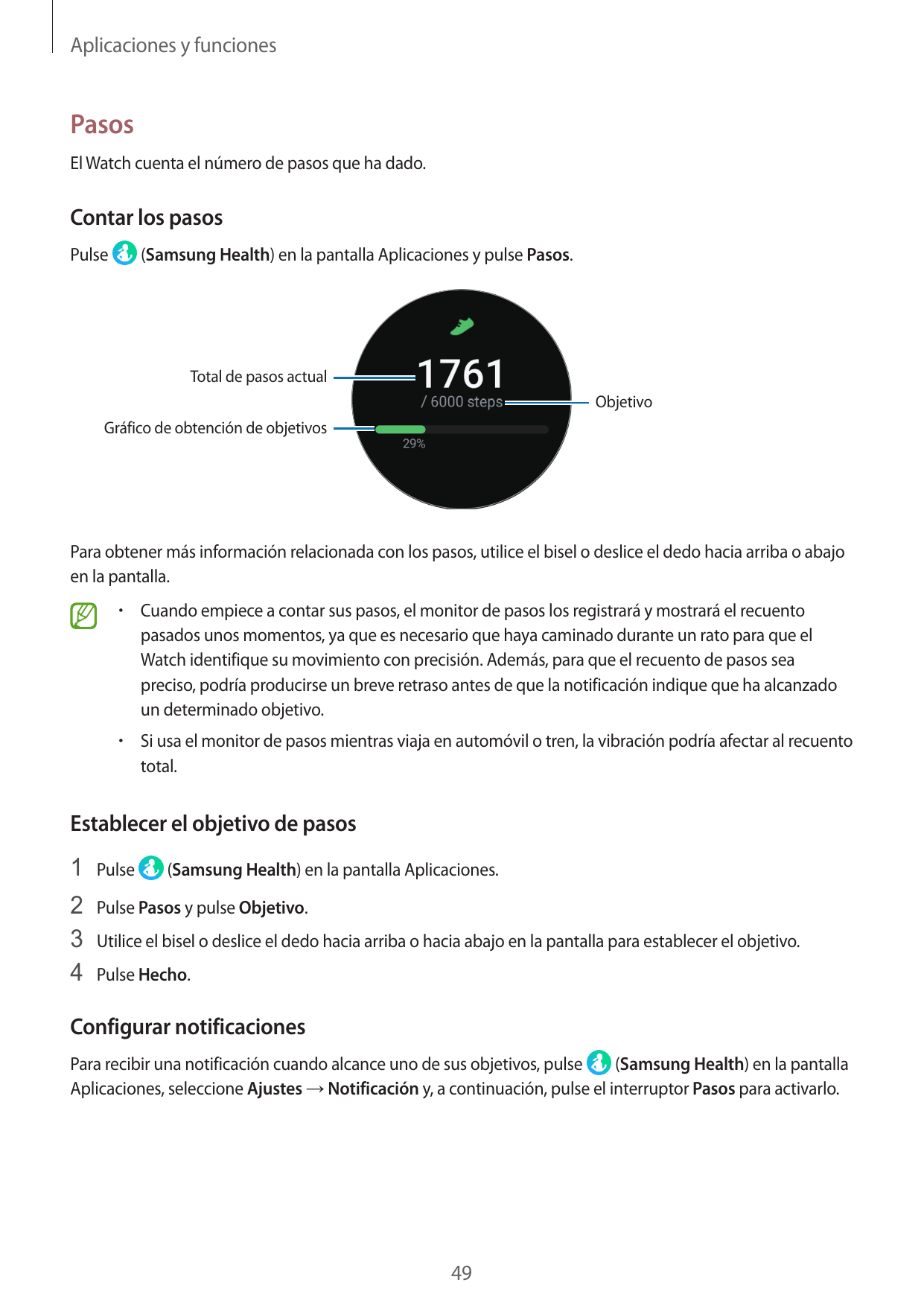 Aplicaciones y funcionesPasosEl Watch cuenta el número de pasos que ha dado.Contar los pasos(Samsung Health) en la pantalla Apli