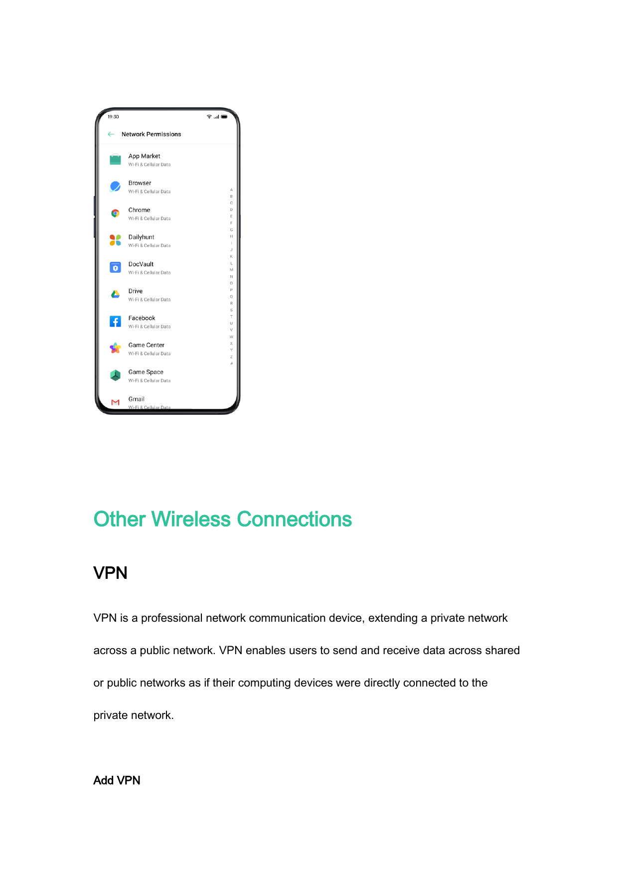 Other Wireless ConnectionsVPNVPN is a professional network communication device, extending a private networkacross a public netw
