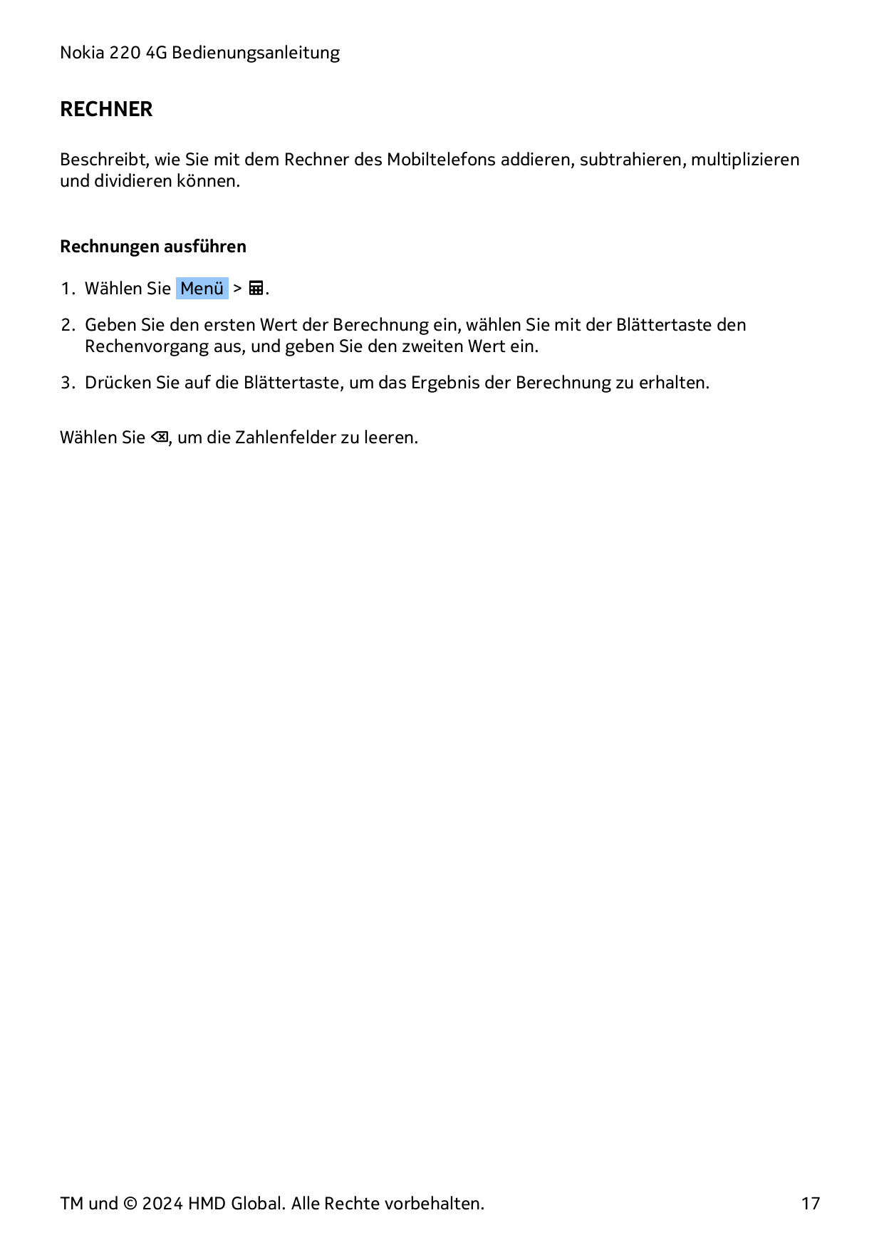 Nokia 220 4G BedienungsanleitungRECHNERBeschreibt, wie Sie mit dem Rechner des Mobiltelefons addieren, subtrahieren, multiplizie