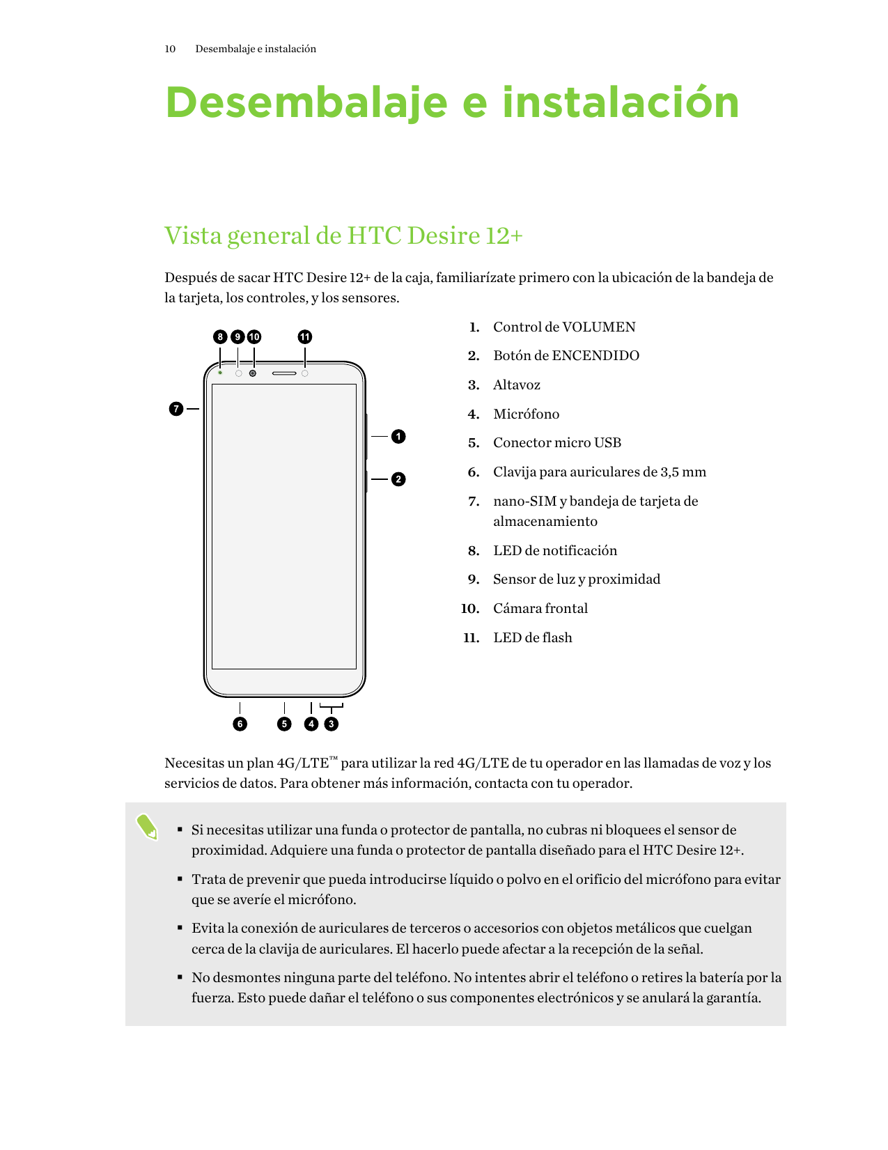 10Desembalaje e instalaciónDesembalaje e instalaciónVista general de HTC Desire 12+Después de sacar HTC Desire 12+ de la caja, f
