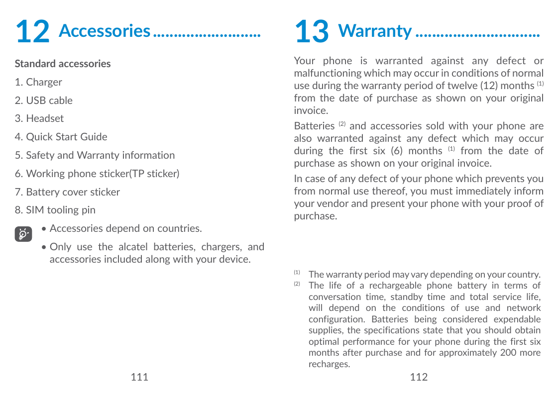 12Accessories...........................13Warranty...............................Standard accessoriesYour phone is warranted aga