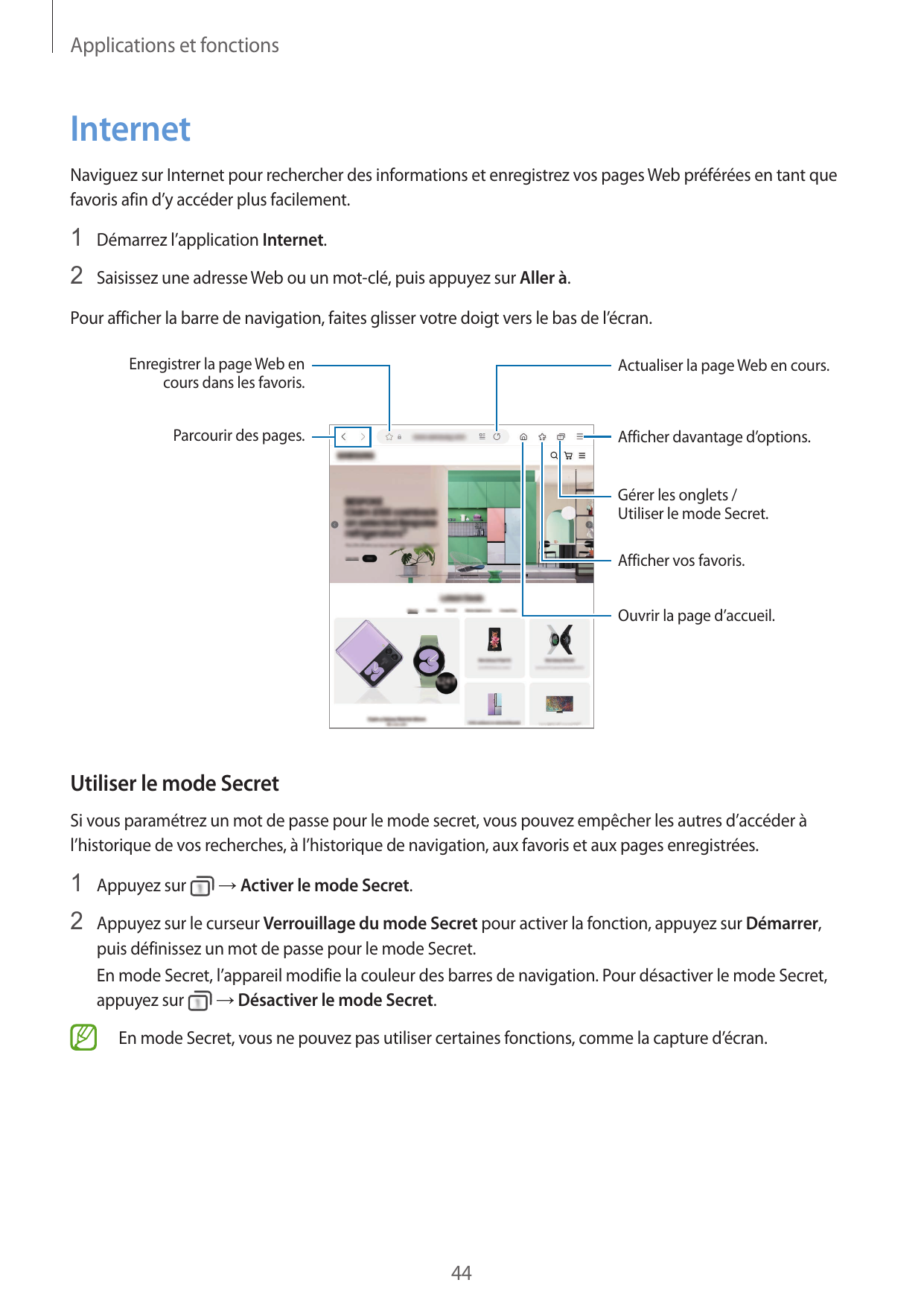 Applications et fonctionsInternetNaviguez sur Internet pour rechercher des informations et enregistrez vos pages Web préférées e