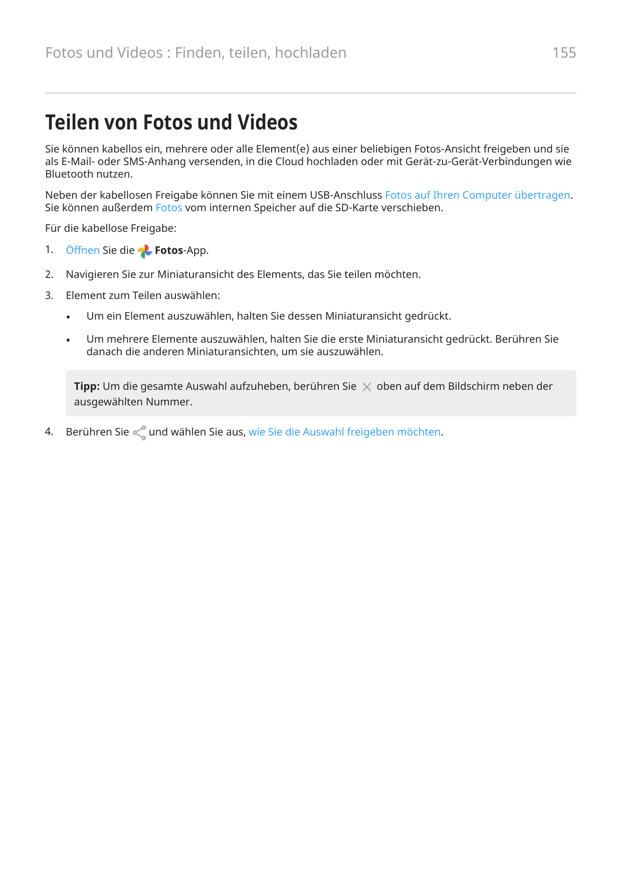 Fotos und Videos : Finden, teilen, hochladen155Teilen von Fotos und VideosSie können kabellos ein, mehrere oder alle Element(e) 