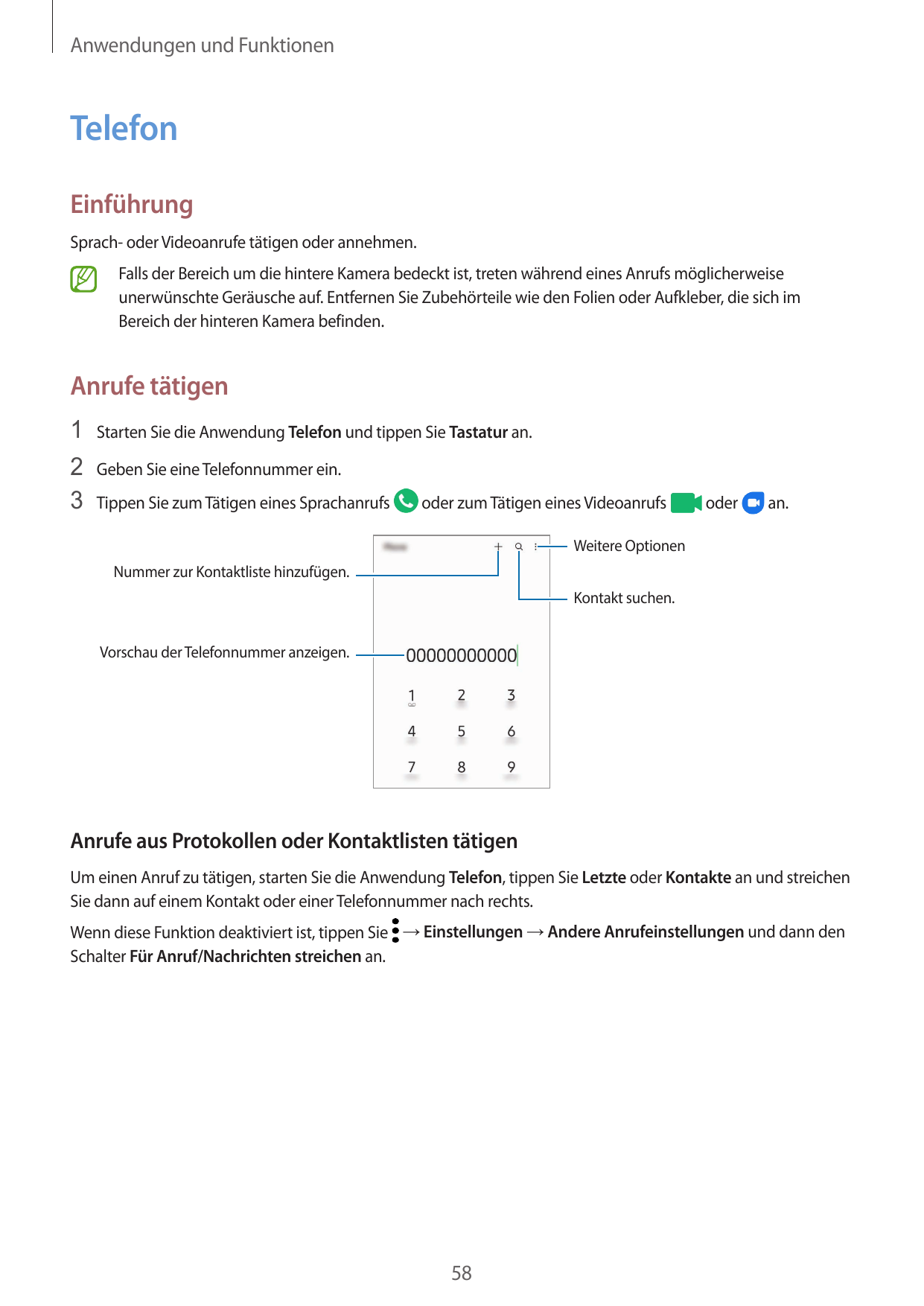 Anwendungen und FunktionenTelefonEinführungSprach- oder Videoanrufe tätigen oder annehmen.Falls der Bereich um die hintere Kamer