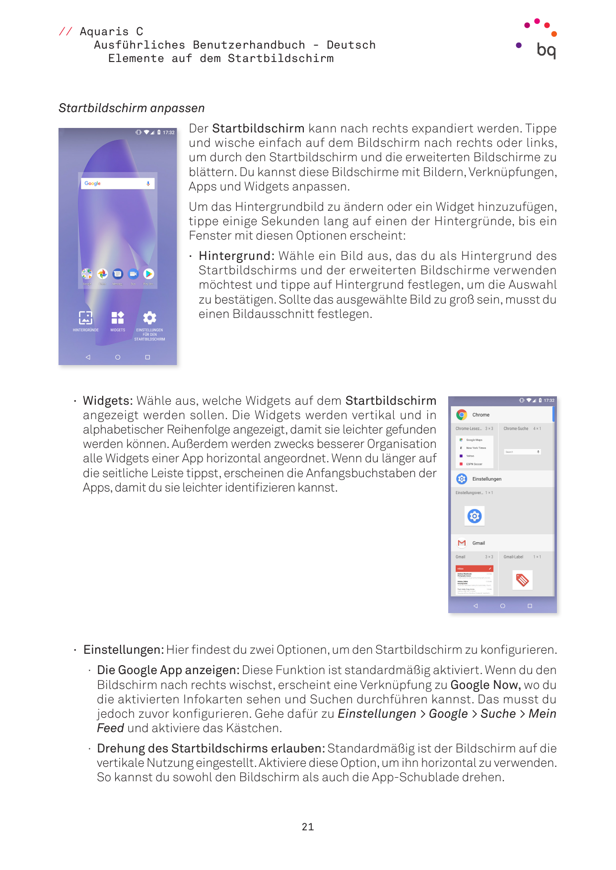 // Aquaris CAusführliches Benutzerhandbuch - DeutschElemente auf dem StartbildschirmStartbildschirm anpassenDer Startbildschirm 