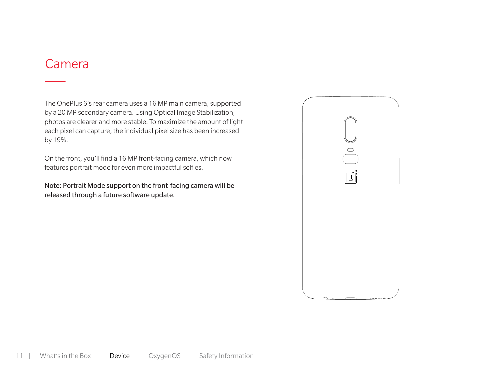 CameraThe OnePlus 6’s rear camera uses a 16 MP main camera, supportedby a 20 MP secondary camera. Using Optical Image Stabilizat