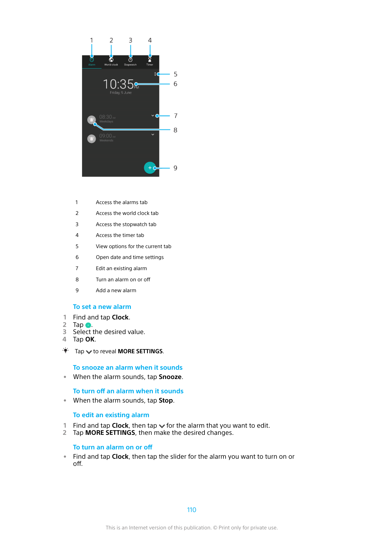 1Access the alarms tab2Access the world clock tab3Access the stopwatch tab4Access the timer tab5View options for the current tab