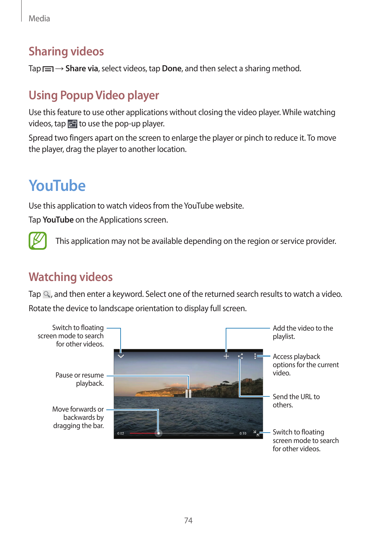 MediaSharing videosTap→ Share via, select videos, tap Done, and then select a sharing method.Using Popup Video playerUse this fe