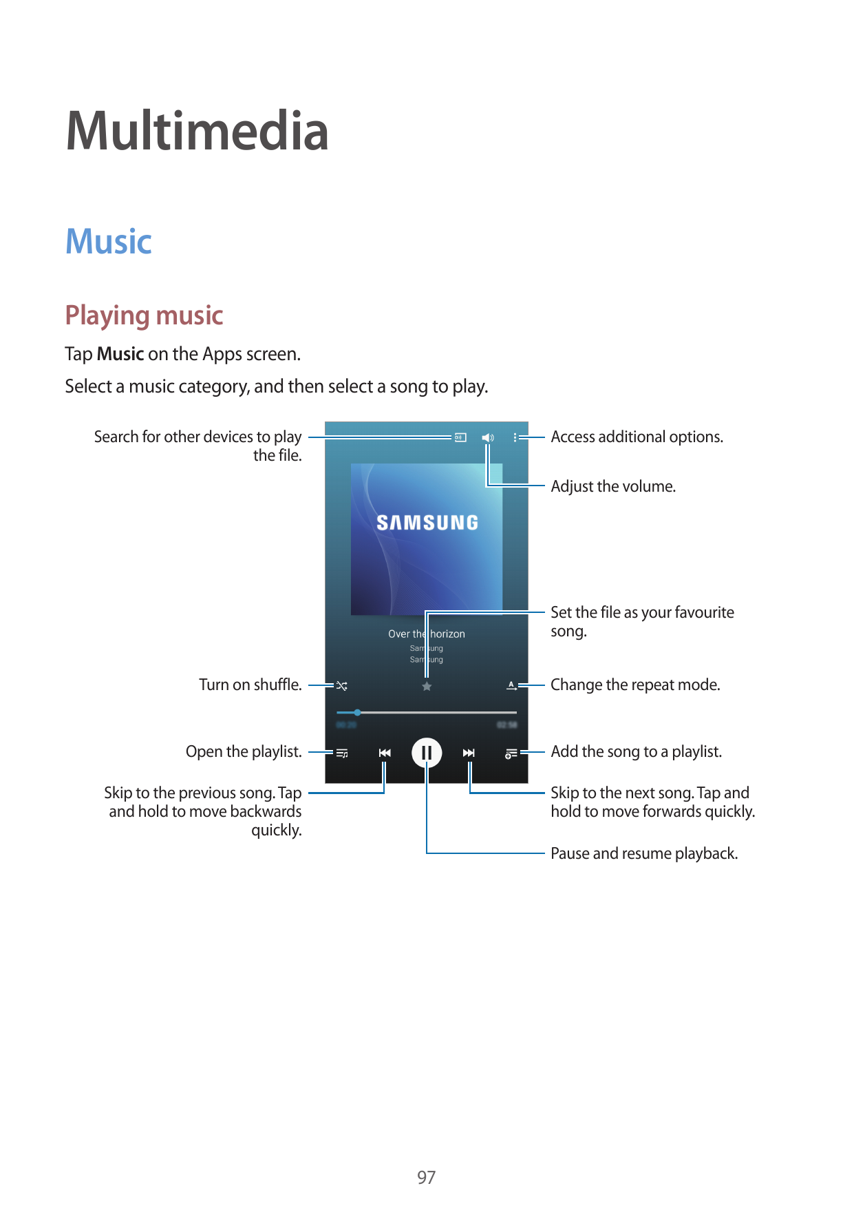 MultimediaMusicPlaying musicTap Music on the Apps screen.Select a music category, and then select a song to play.Search for othe