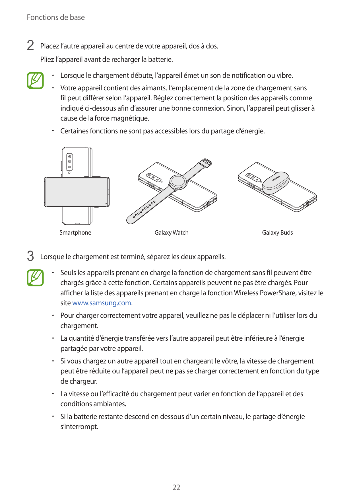 Fonctions de base2 Placez l’autre appareil au centre de votre appareil, dos à dos.Pliez l’appareil avant de recharger la batteri