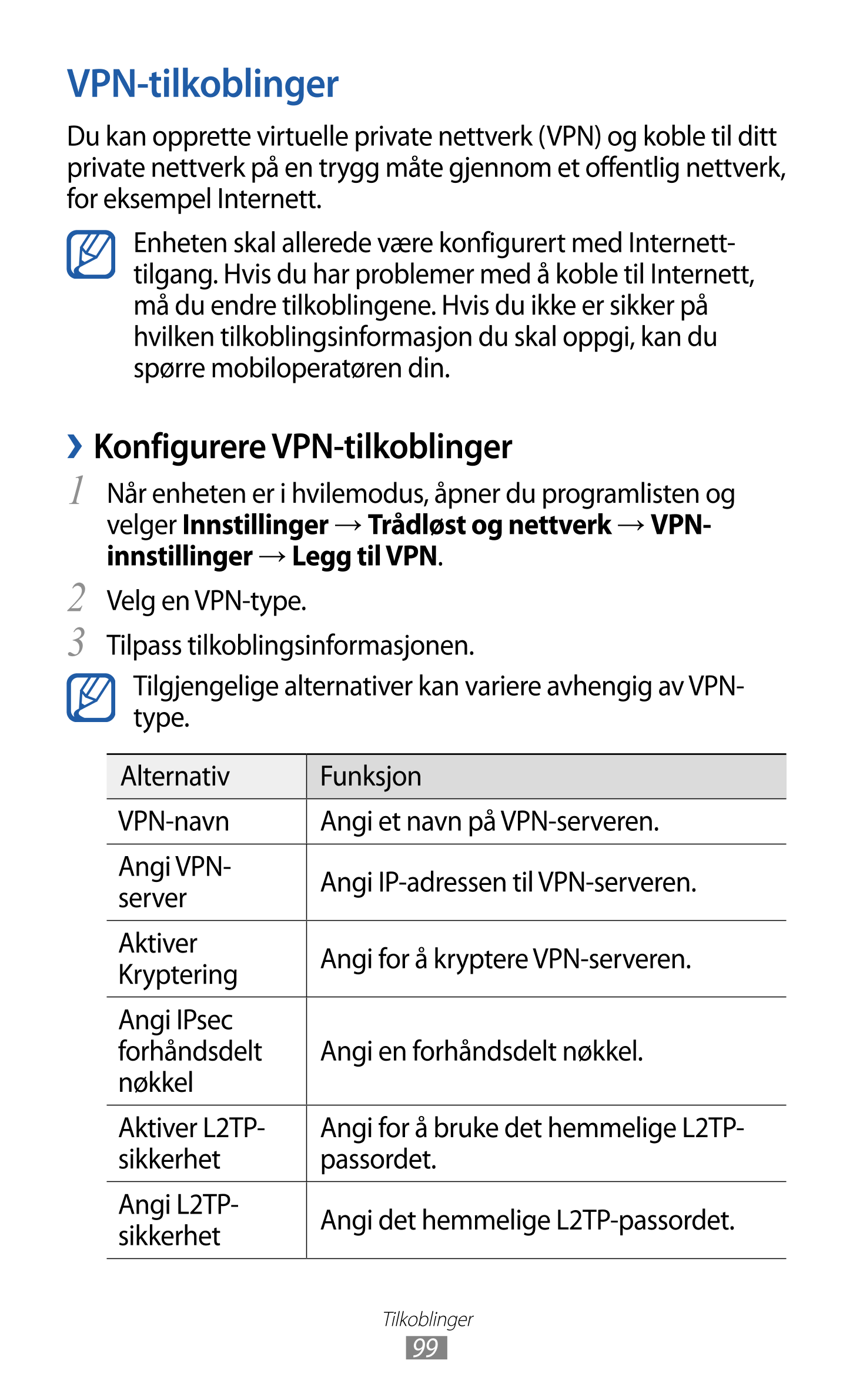 VPN-tilkoblinger
Du kan opprette virtuelle private nettverk (VPN) og koble til ditt 
private nettverk på en trygg måte gjennom e
