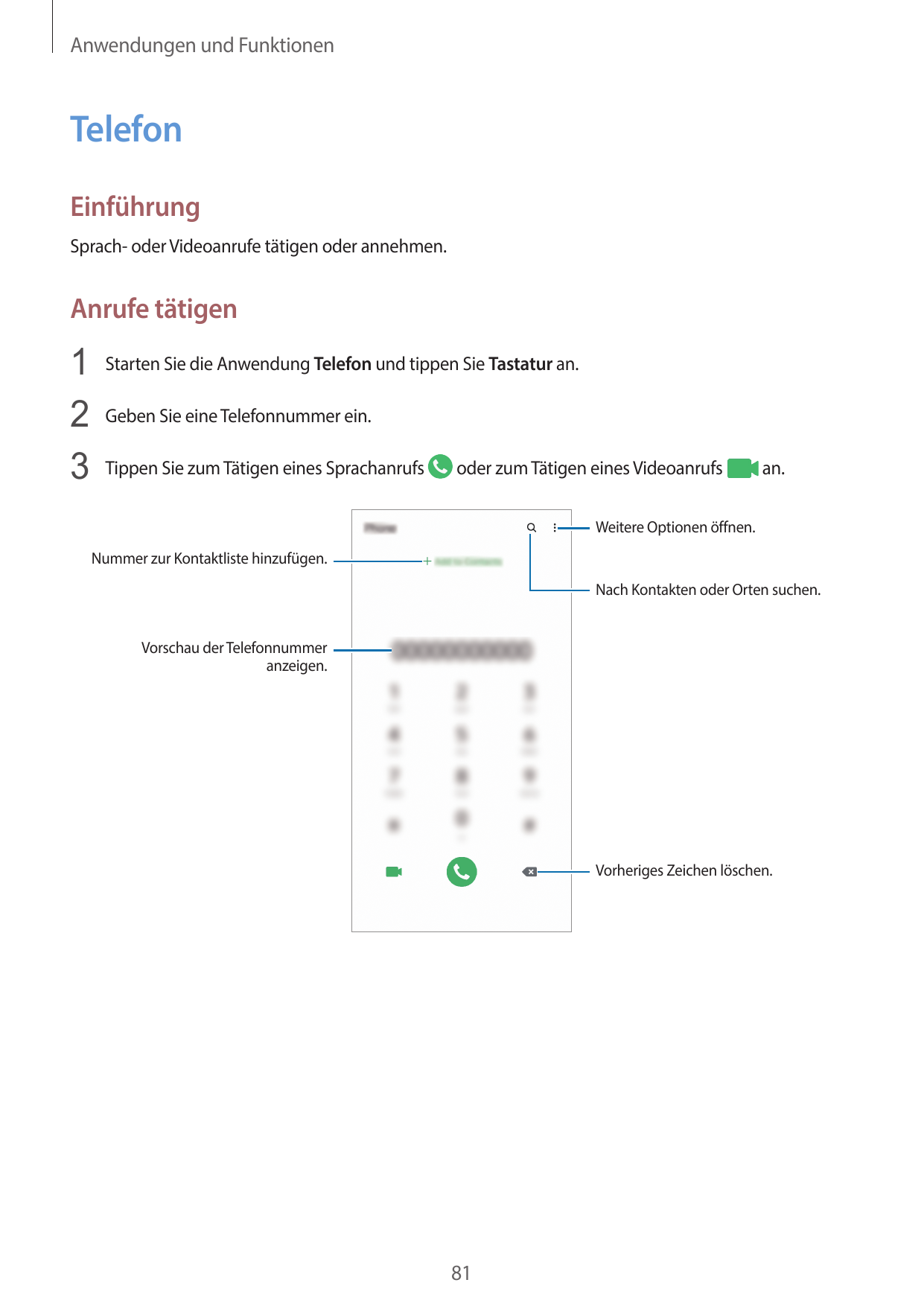 Anwendungen und FunktionenTelefonEinführungSprach- oder Videoanrufe tätigen oder annehmen.Anrufe tätigen1 Starten Sie die Anwend