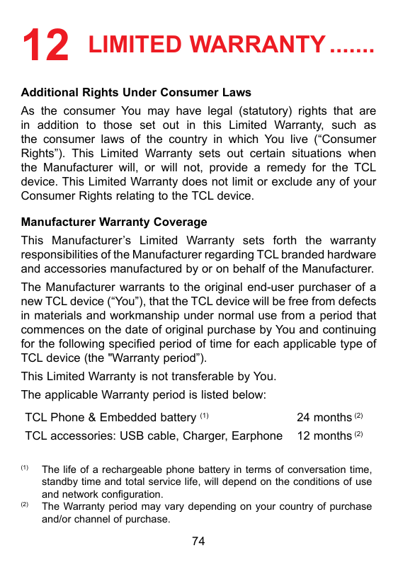 12 LIMITED WARRANTY........Additional Rights Under Consumer LawsAs the consumer You may have legal (statutory) rights that arein