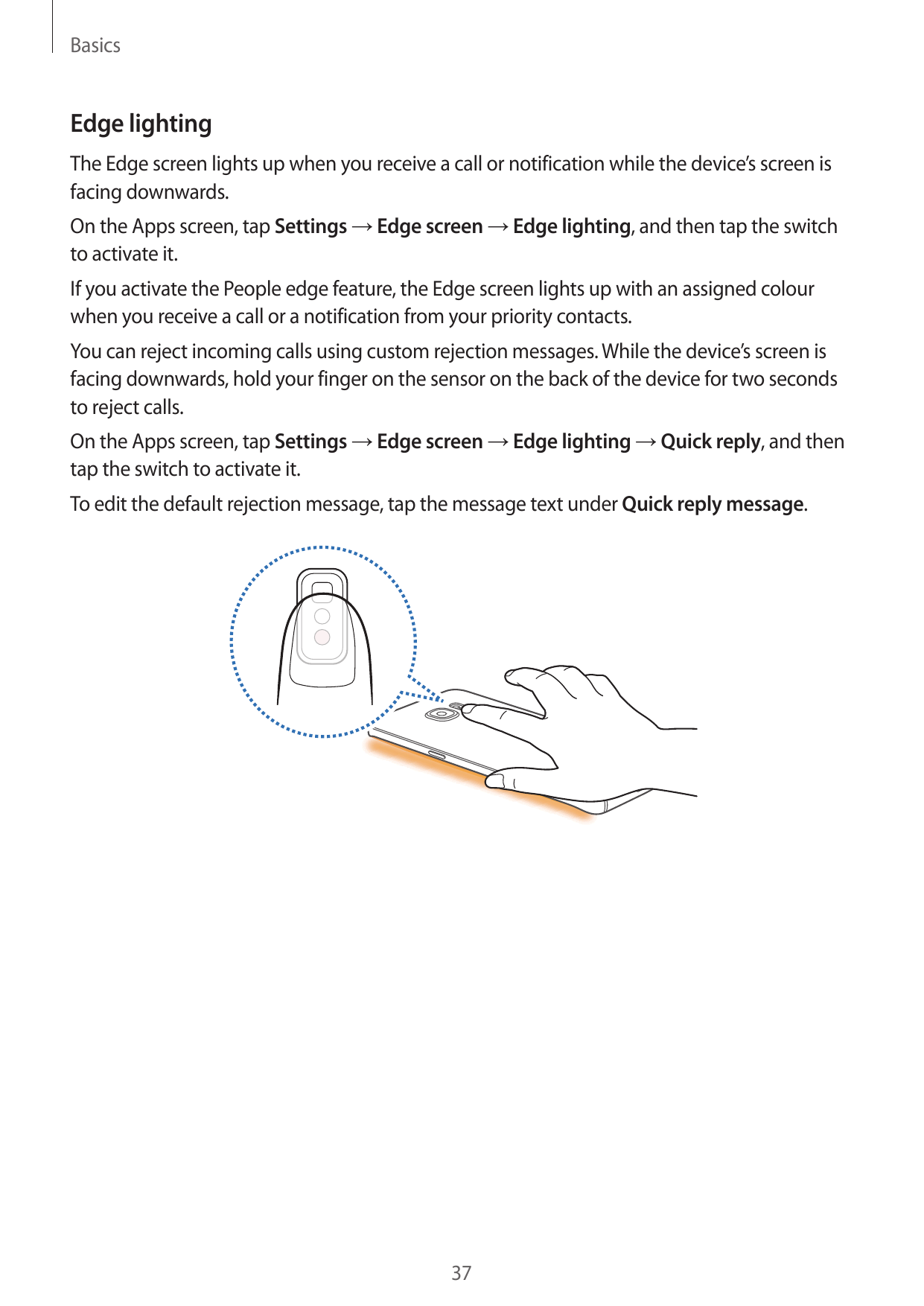 BasicsEdge lightingThe Edge screen lights up when you receive a call or notification while the device’s screen isfacing downward