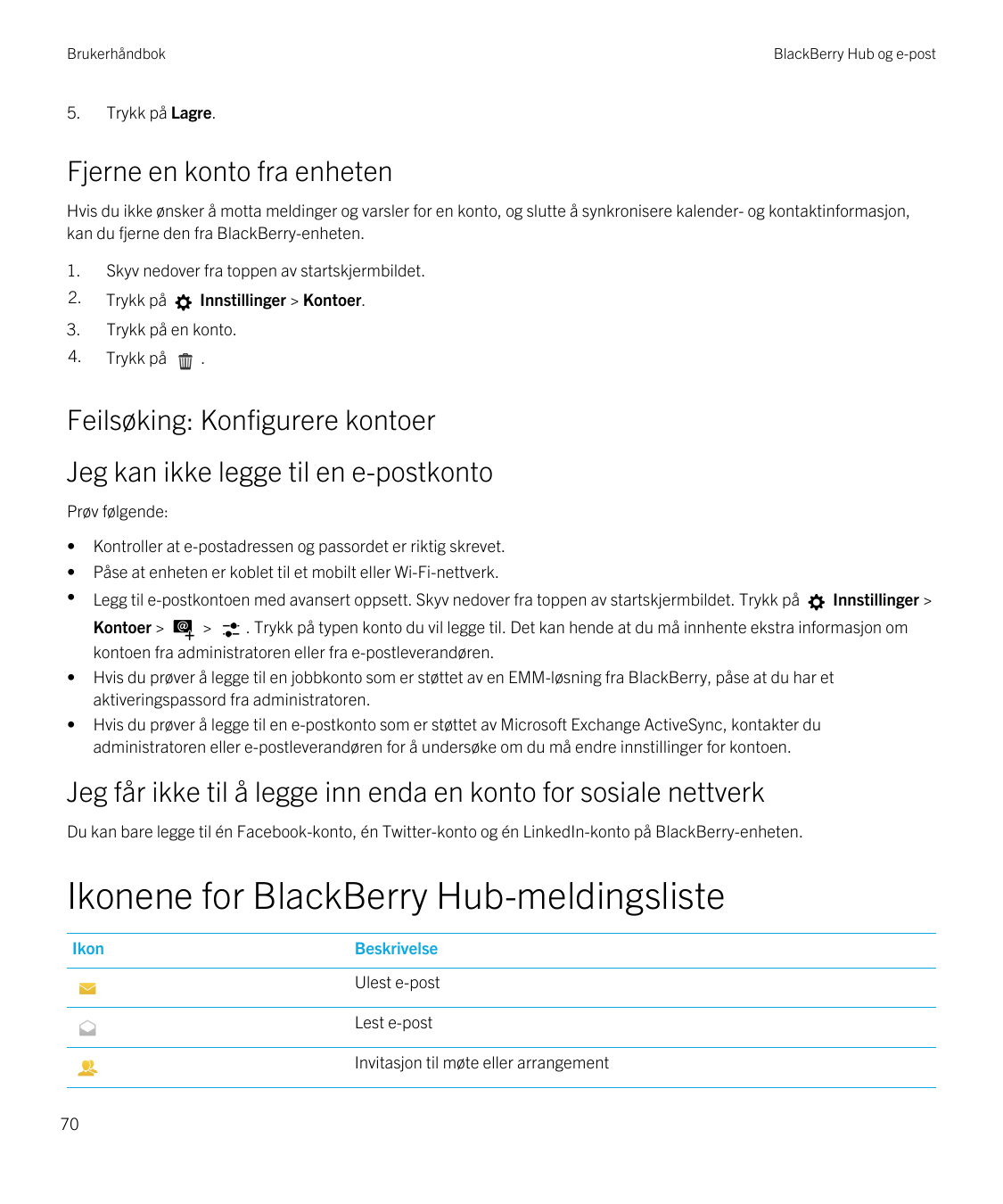 Brukerhåndbok5.BlackBerry Hub og e-postTrykk på Lagre.Fjerne en konto fra enhetenHvis du ikke ønsker å motta meldinger og varsle