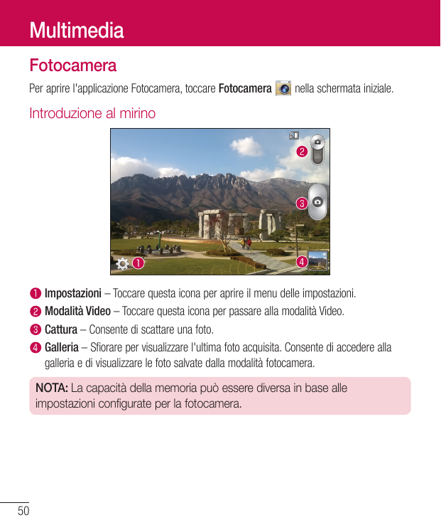 MultimediaFotocameraPer aprire l'applicazione Fotocamera, toccare Fotocameranella schermata iniziale.Introduzione al mirino Impo