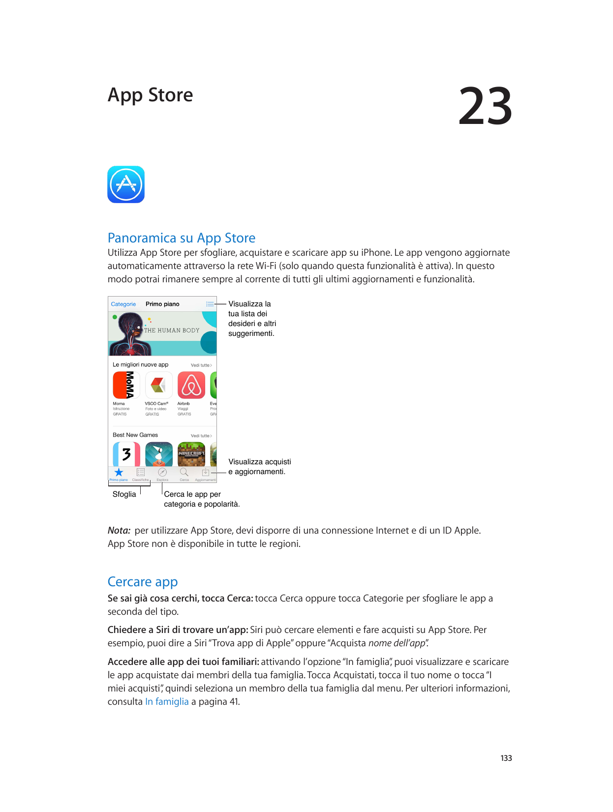 23App StorePanoramica su App StoreUtilizza App Store per sfogliare, acquistare e scaricare app su iPhone. Le app vengono aggiorn