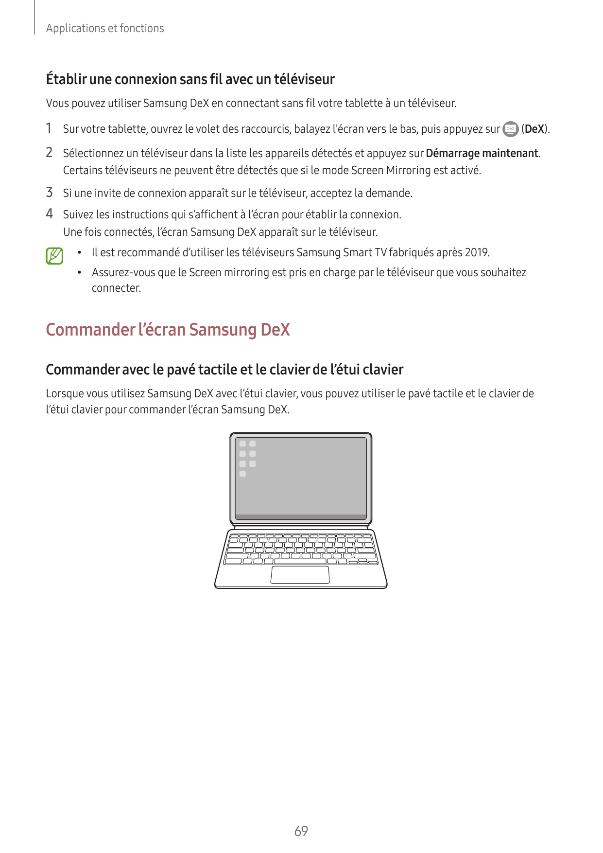 Applications et fonctionsÉtablir une connexion sans fil avec un téléviseurVous pouvez utiliser Samsung DeX en connectant sans fi