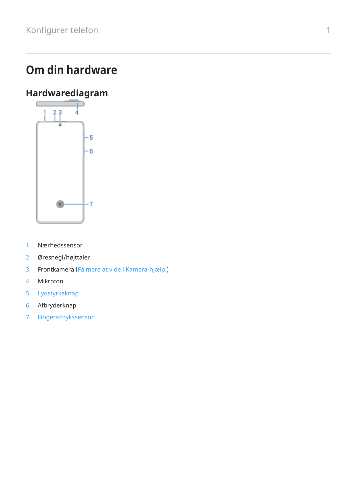 Konfigurer telefonOm din hardwareHardwarediagram1.Nærhedssensor2.Øresnegl/højttaler3.Frontkamera (Få mere at vide i Kamera-hjælp