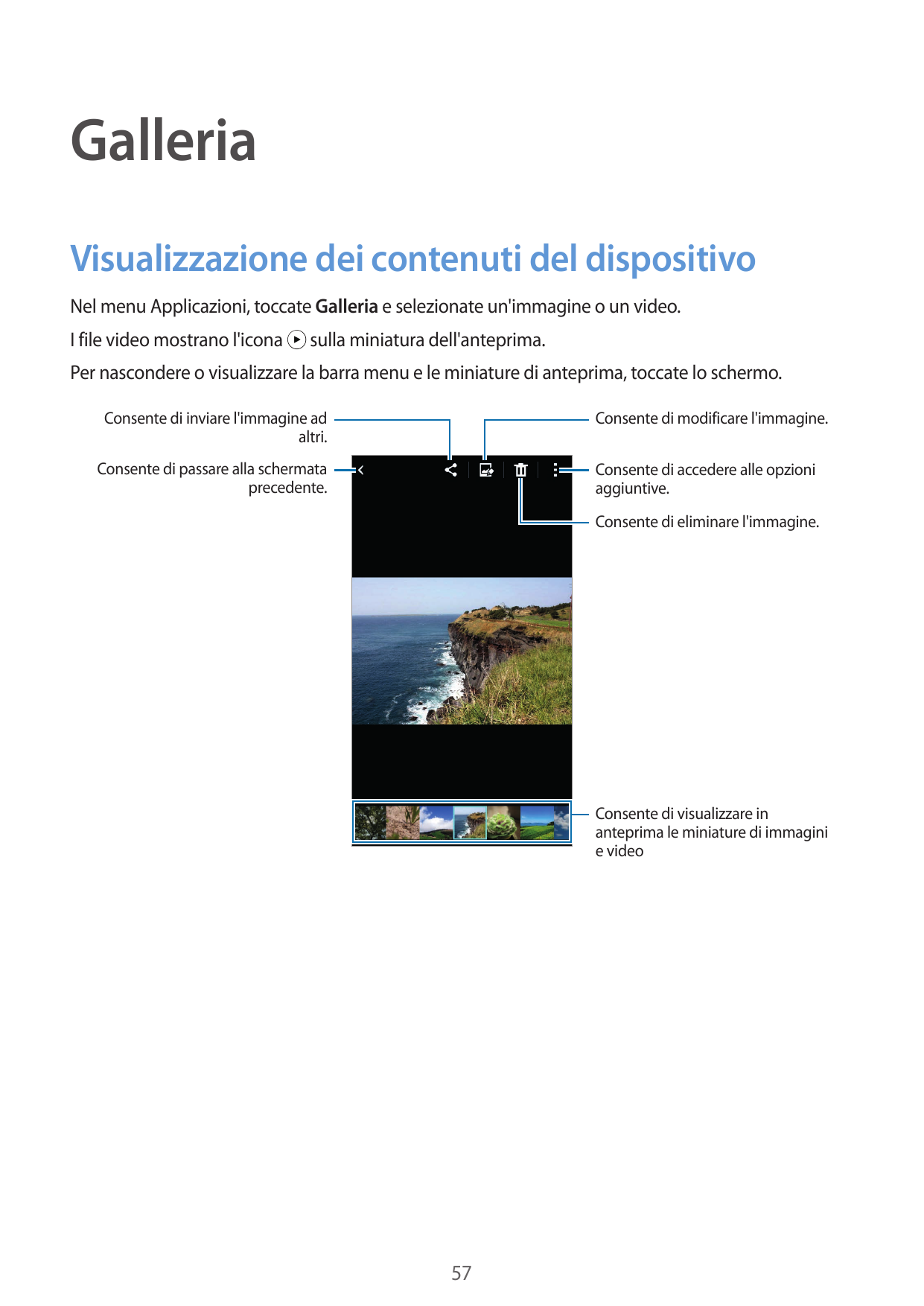 GalleriaVisualizzazione dei contenuti del dispositivoNel menu Applicazioni, toccate Galleria e selezionate un'immagine o un vide