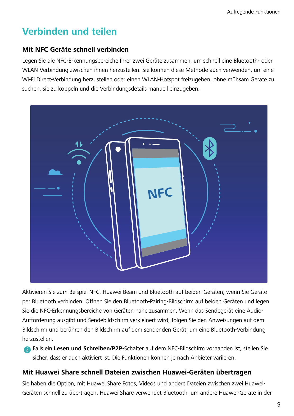 Aufregende FunktionenVerbinden und teilenMit NFC Geräte schnell verbindenLegen Sie die NFC-Erkennungsbereiche Ihrer zwei Geräte 