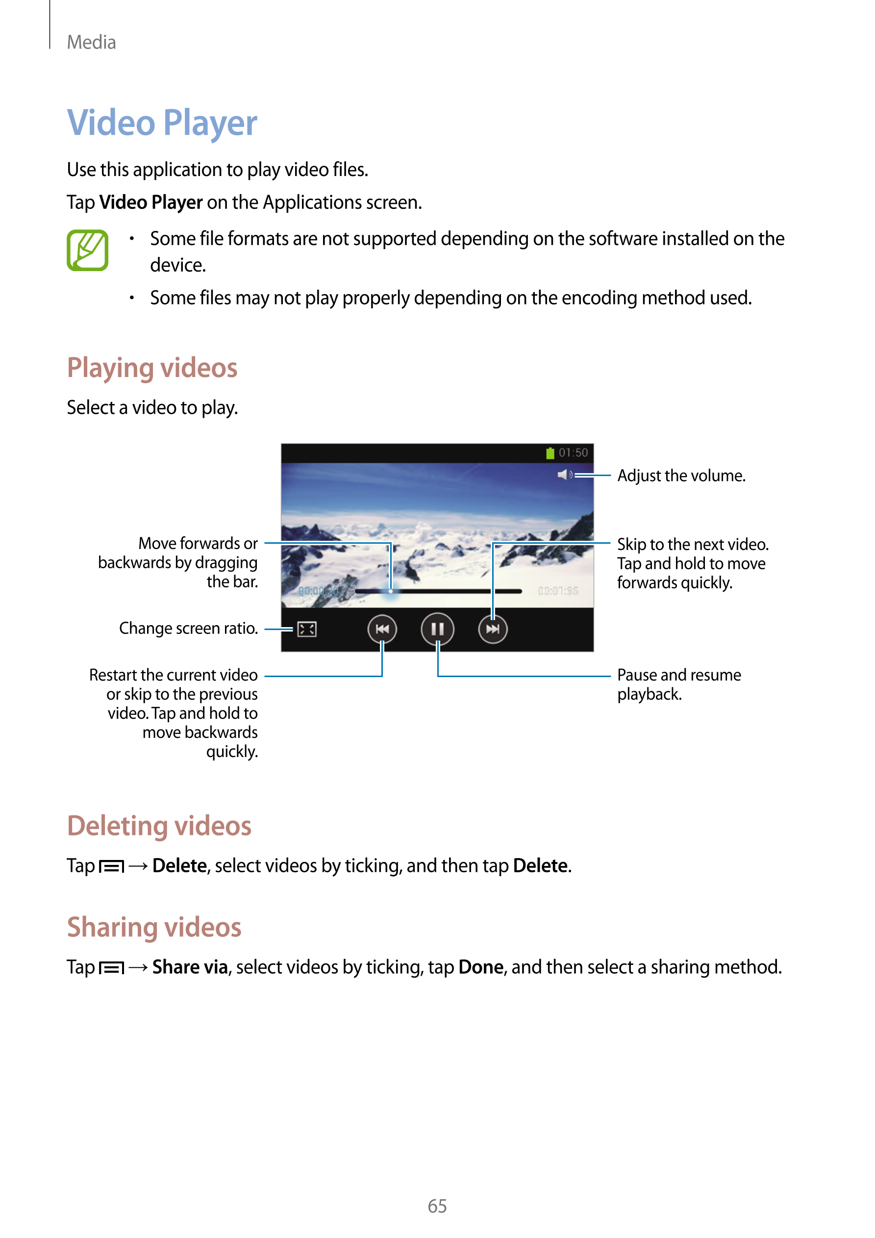 Media
Video Player
Use this application to play video files.
Tap  Video Player on the Applications screen.
•    Some file format