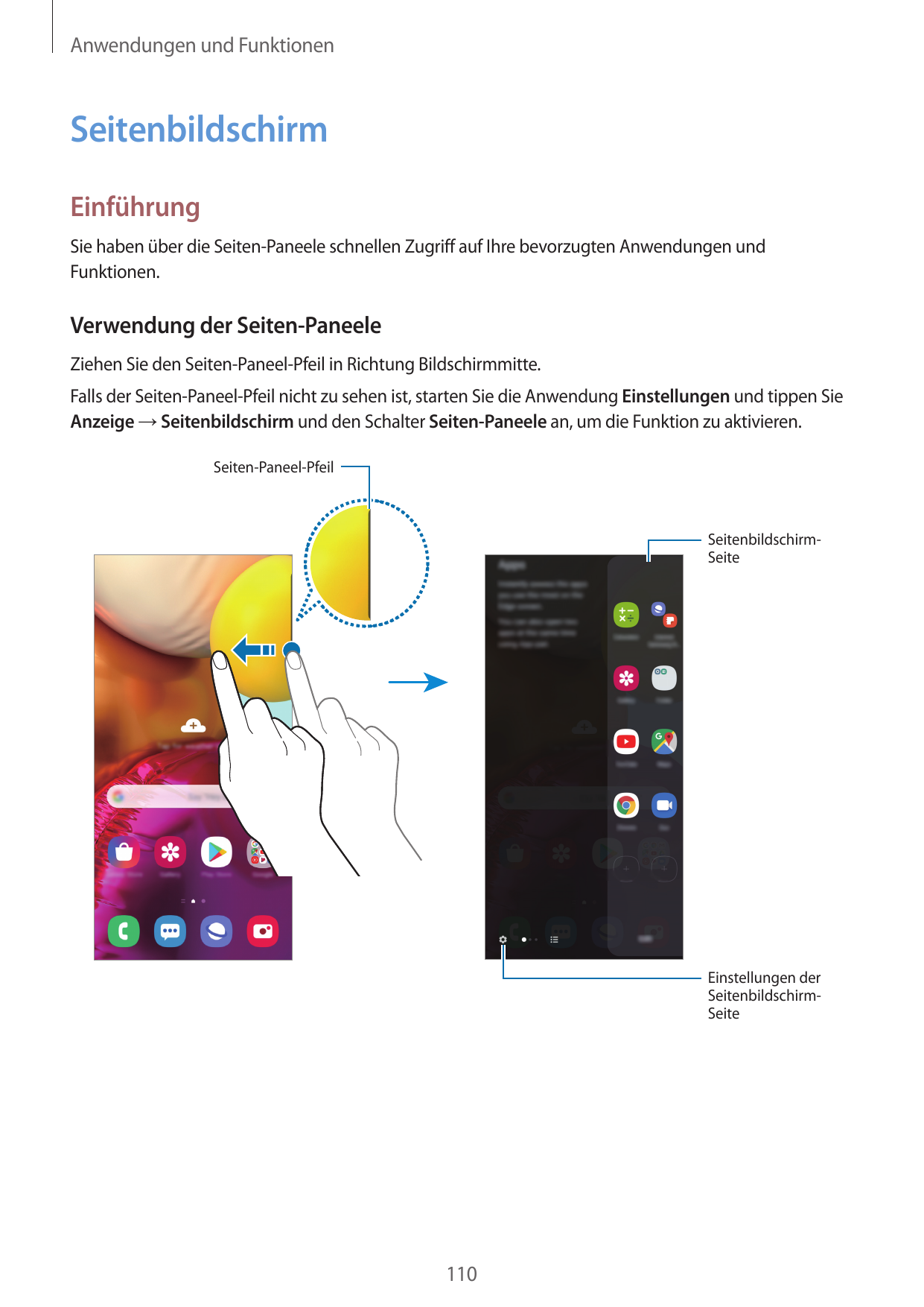 Anwendungen und FunktionenSeitenbildschirmEinführungSie haben über die Seiten-Paneele schnellen Zugriff auf Ihre bevorzugten Anw
