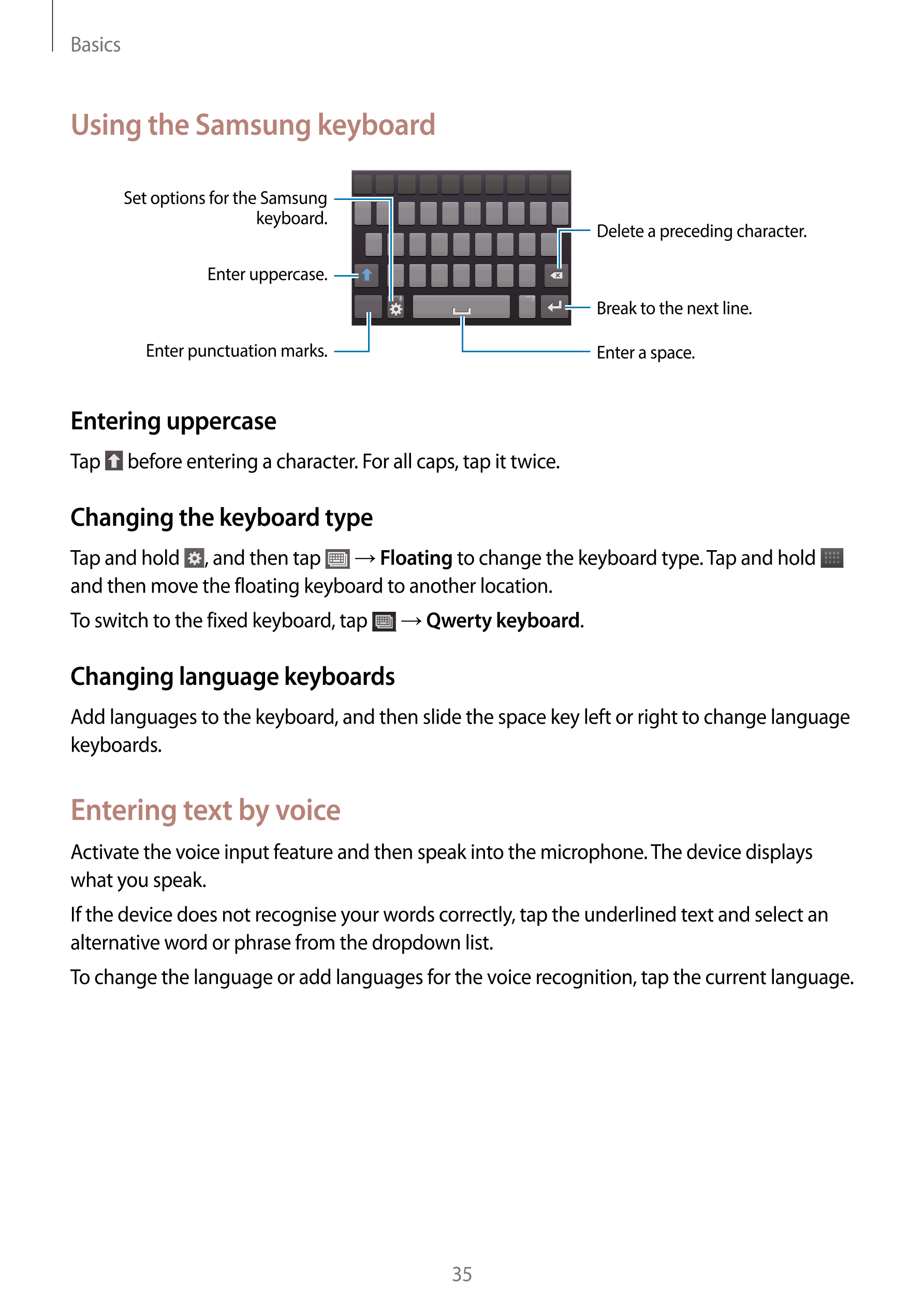 Basics
Using the Samsung keyboard
Set options for the Samsung 
keyboard.
Delete a preceding character.
Enter uppercase.
Break to