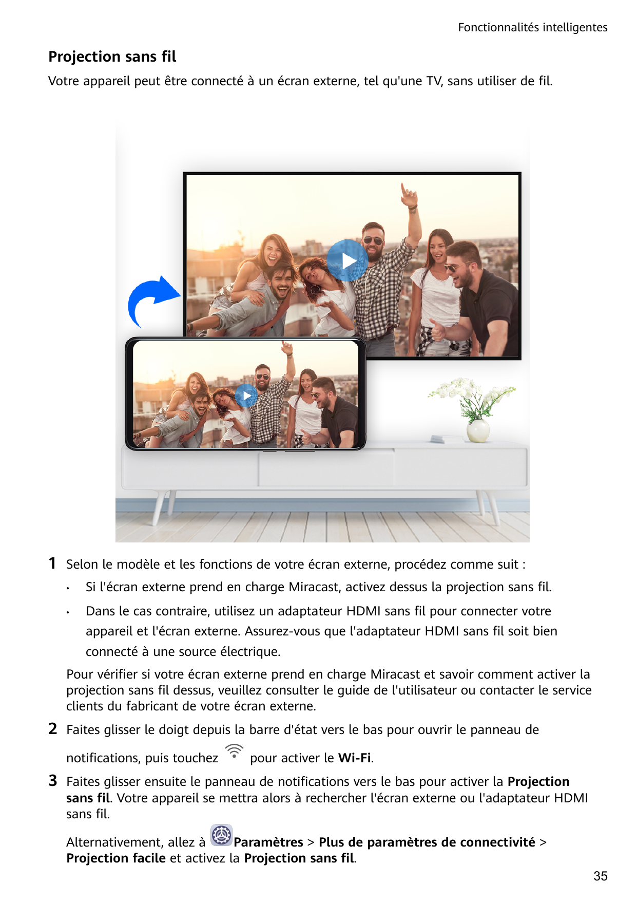 Fonctionnalités intelligentesProjection sans filVotre appareil peut être connecté à un écran externe, tel qu'une TV, sans utilis
